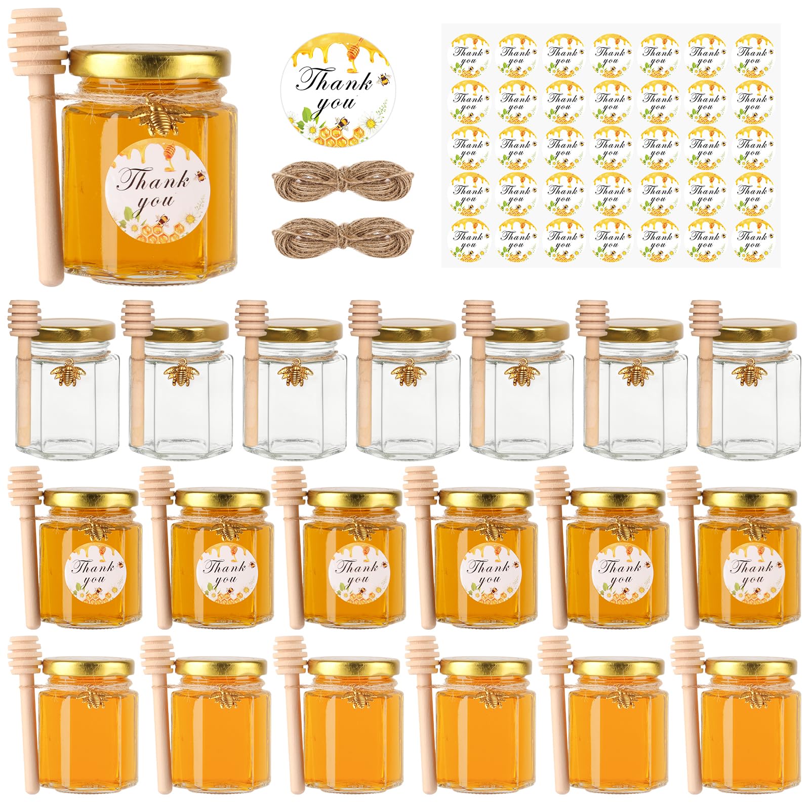 BIGIVACA 3 oz Mini Honey Jars - 20 Pack Hexagon Glass Jars with Wood Dippers, Gold Lids, Bee Pendants, Jutes, Stickers for Wedding Favors, Party