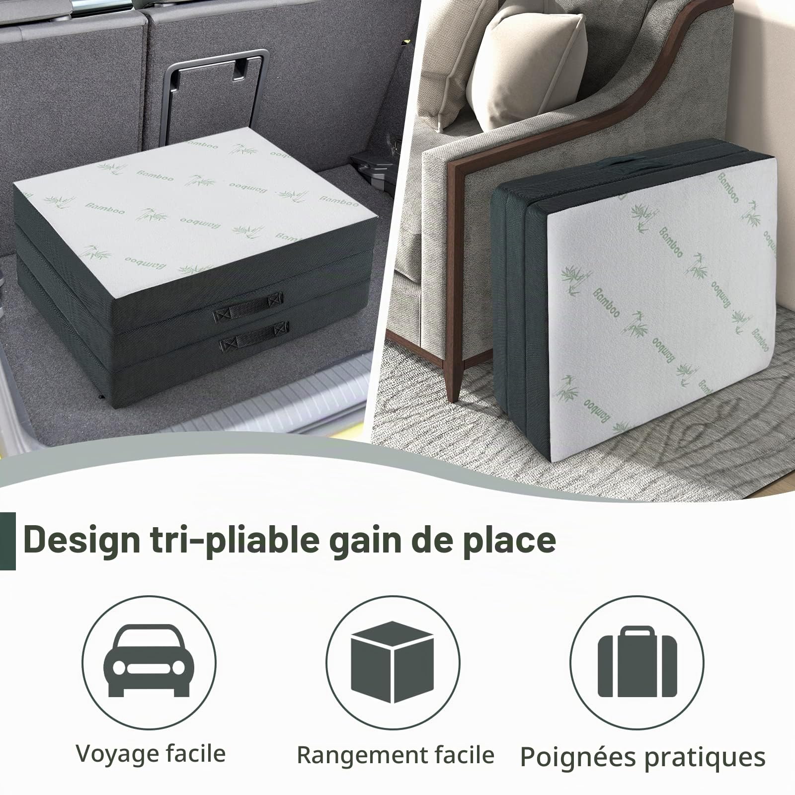 GOPLUS Matelas Pliable d’Invité en Mousse 193X80X10 CM, Matelas d’Appoint à 3 Plis avec Surface en Fibre de Bambou & 2 Poignées, pour Maison, Voyage, Camping,