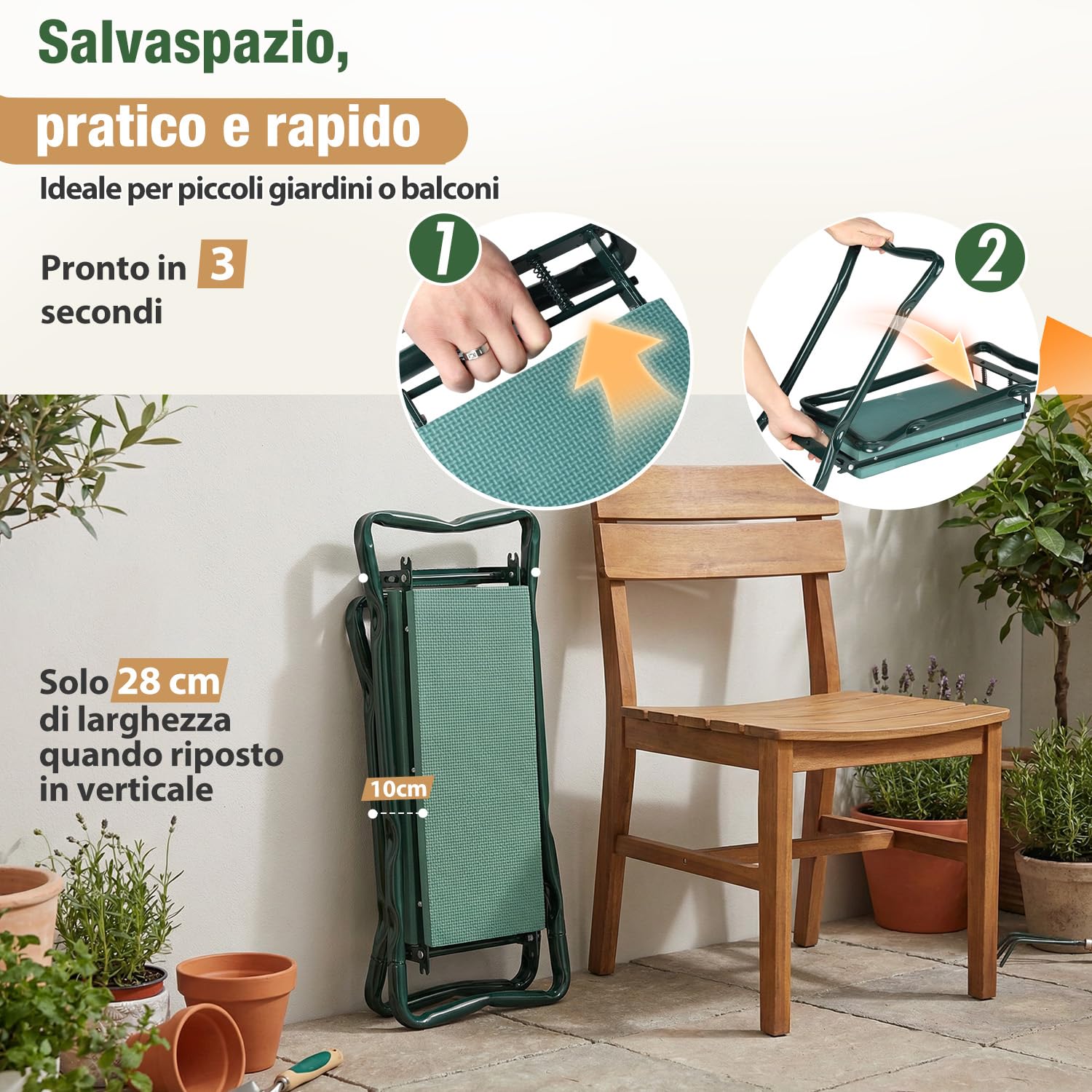 Sekey Panca regolabile in altezza per giardinaggio, portata 160 kg, sgabello da giardino pieghevole con tasche per attrezzi, aiuto per il giardinaggio, 60 x 50 x 28 cm, verde