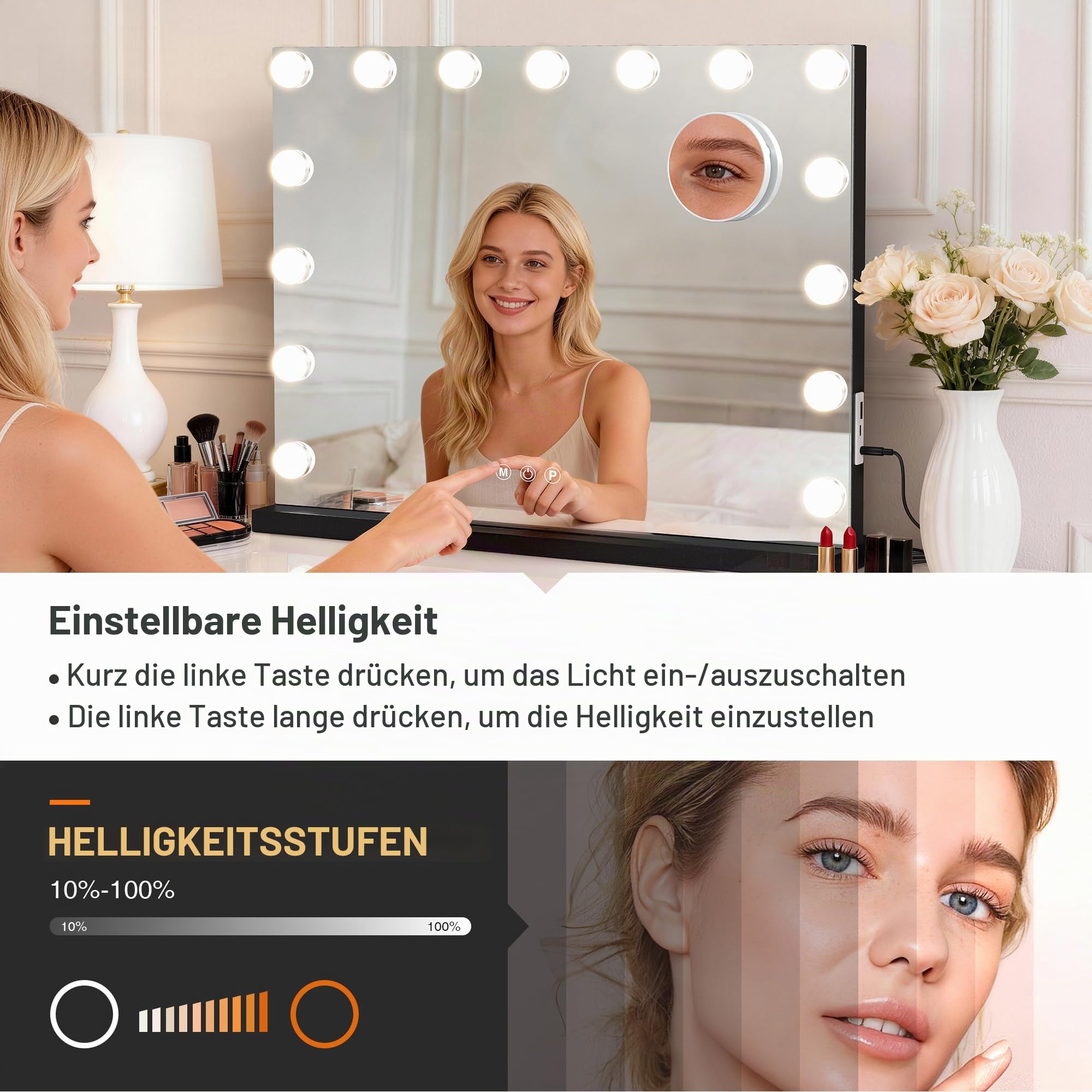 Hollywood Schminkspiegel mit Beleuchtung,Schminkspiegel mit 3 Farbmodi,Dimmbar Kosmetikspiegel mit beleuchtung,USB und 10X Vergrößerung für Tischspiegel, Geschenk zum Muttertag, 58x46cm-15LED