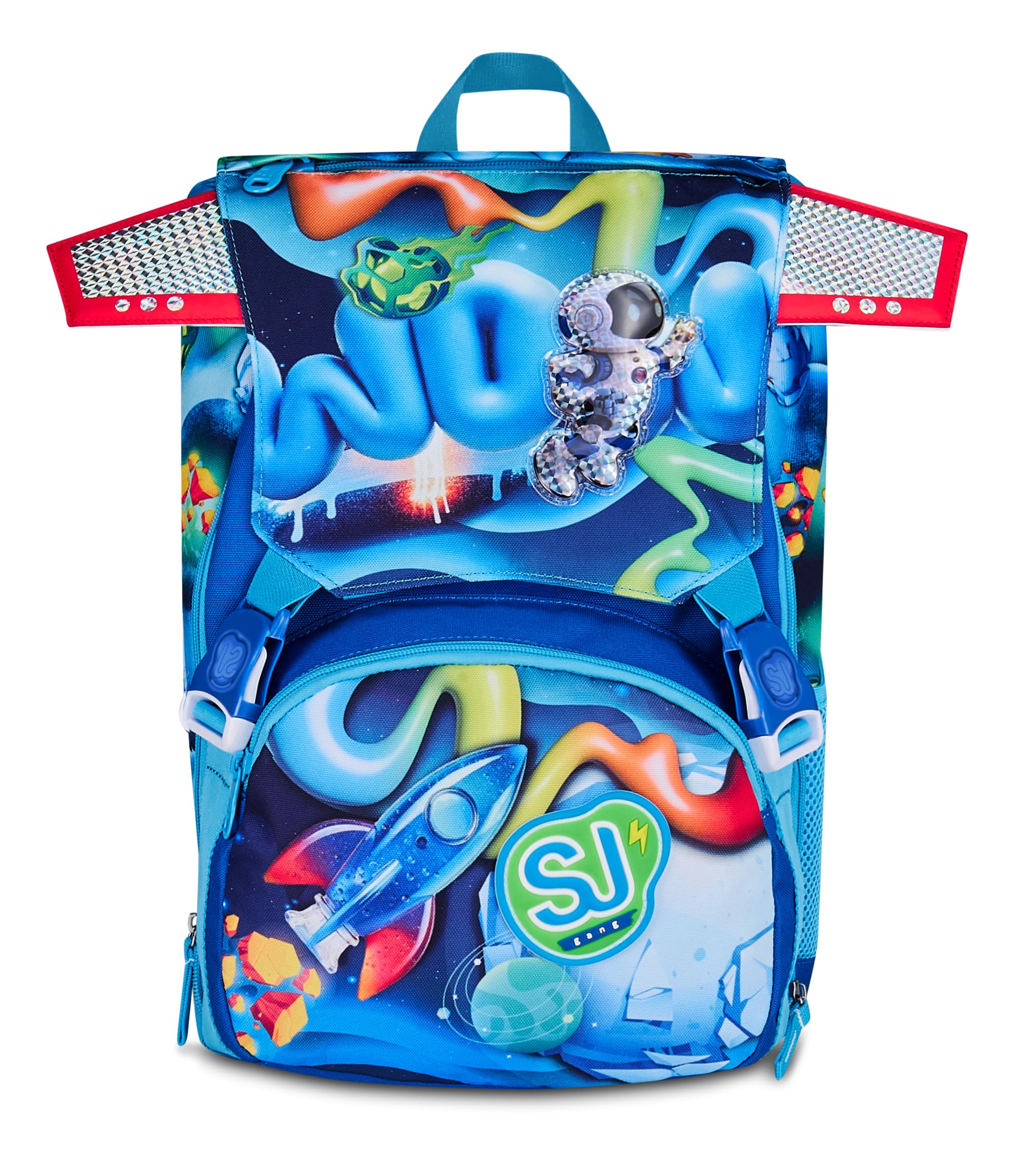 SJ GANG STYLE JAM GANG Zaino Scuola Estensibile SPACE RIDE, Blu, 24L, Zip Laterali, Ali missile a scomparsa, Applicazione astronauta 3D, Tasca frontale, Tasca portaborraccia, Scuola elementare,Bambino