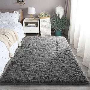 Grey Rug for Bedroom, 3x5 Fluffy Area Rugs for Kids Playroom, Furry Carpet for Nursery Room, Shaggy Rug for Teen Living Room, Thick Fuzzy Plush Rug for Dorm, Cute Room Decor for Baby