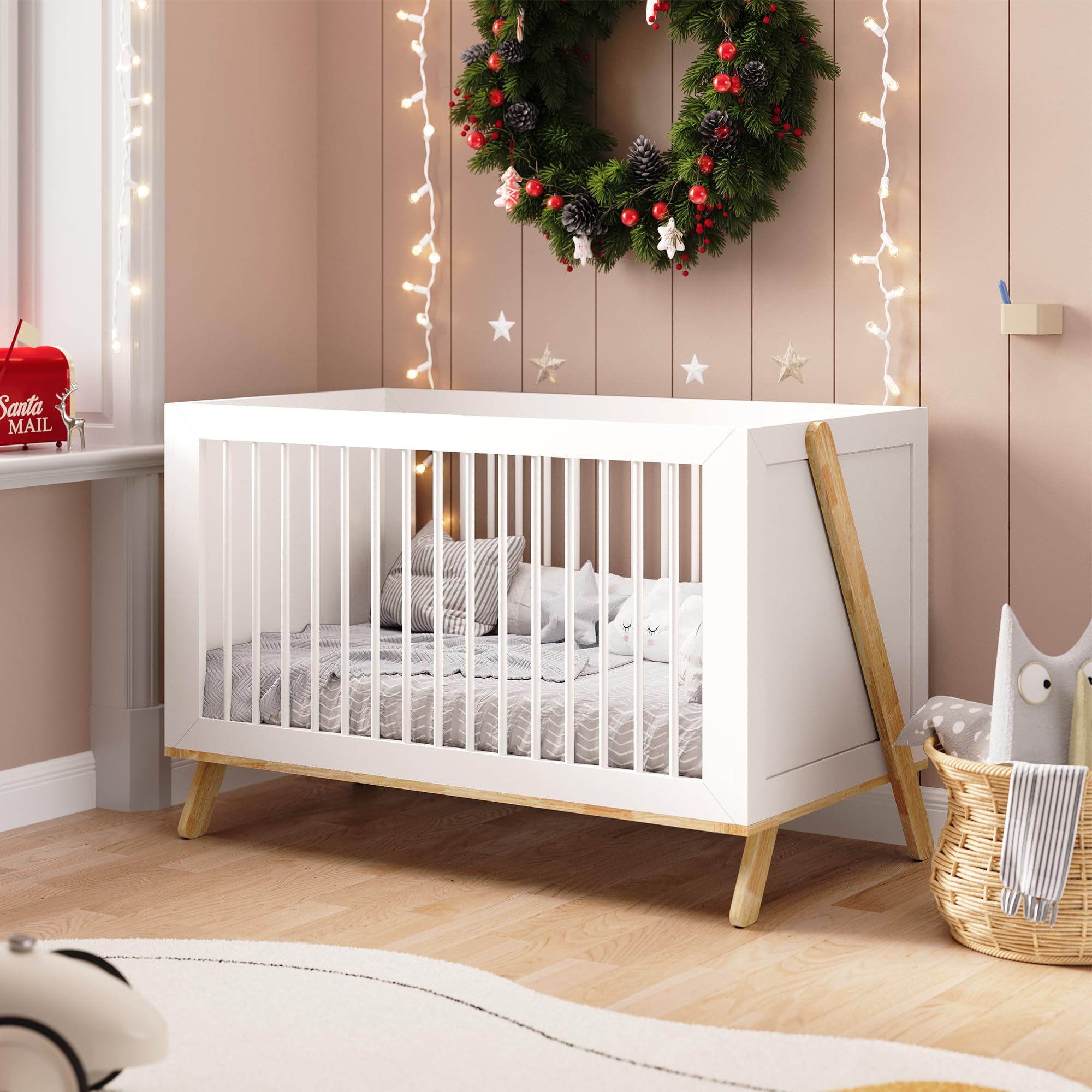 FansaFurn 5-in-1 Convertible Crib, GREENGUARD Gold Certified, White Crib with Toddler Bed Desk Sofa Conversion Kit, Made of Durable Rubberwood, DIY Design Allowed, Wooden Baby Bed, White