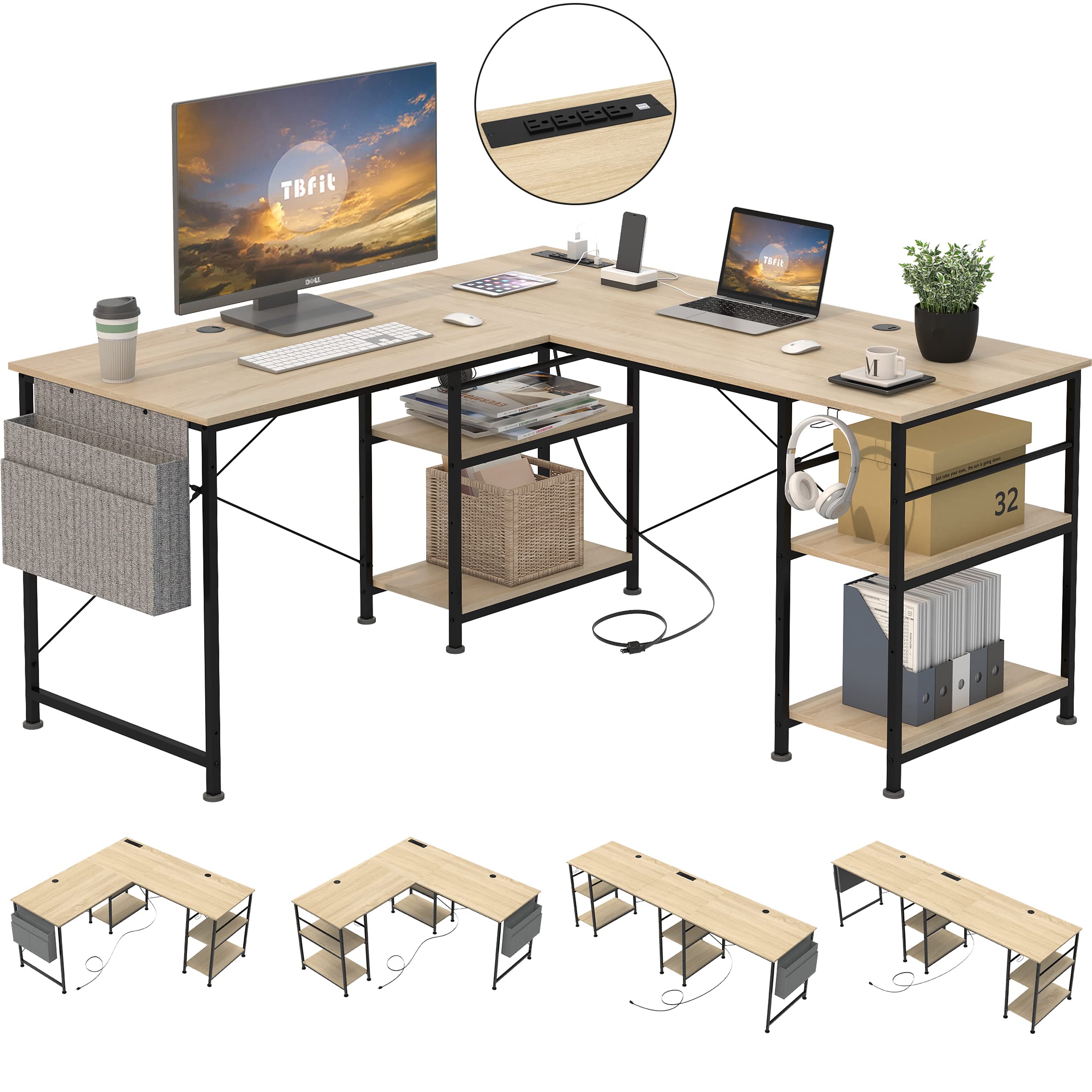 Buy Tbfit L Shaped Desk with Storage Shelves,95.2 Inch Reversible Coner