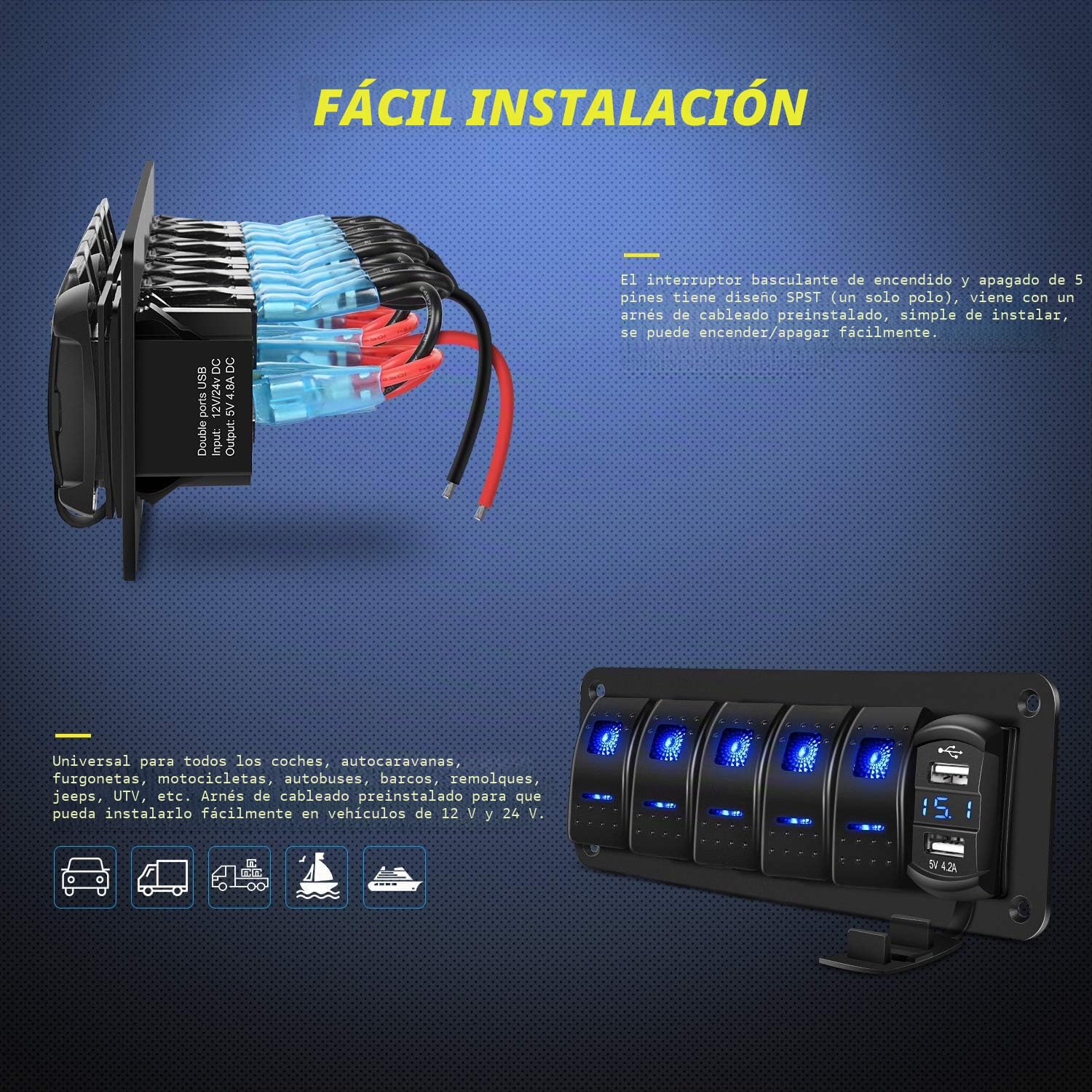 Greluma Panel de aluminio con 5 vías interruptor basculante,voltímetro y doble USB(4,2A),carga rápida,LED retroiluminado,precableado,IP65 resistente agua para uso marítimo,barco,coche y camión(azul)