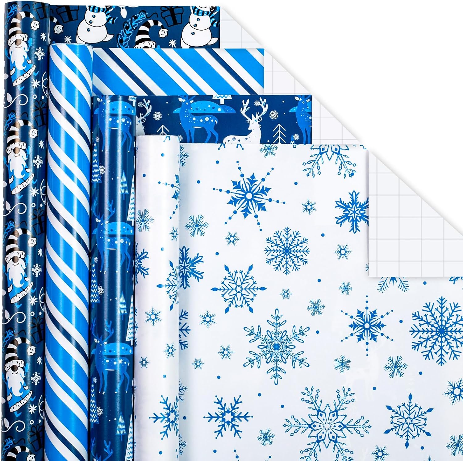 Flyhill Jumbo Christmas Wrapping Paper Bundle with Gridlines-30 In X120 In-4 Roll-Snowmen & Santa Claus & Snowflakes & Reindeer & White Stripes & Tree for New Year,Birthday,Holiday Navy Blue