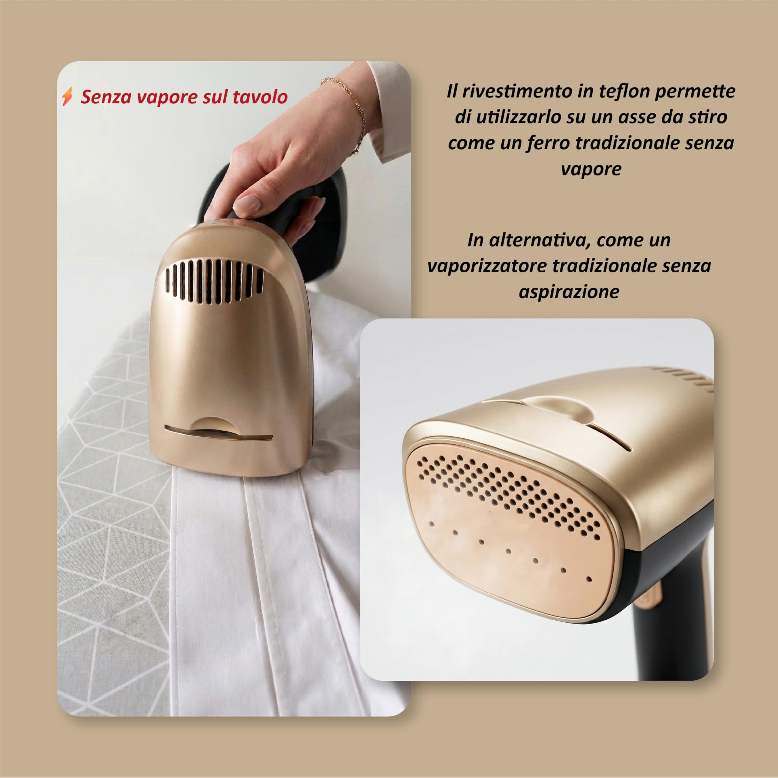 FAUG Stiratore a vapore verticale 1500W. Aumenta l’efficienza del 50% grazie alla nuova funzione di aspirazione. Flusso di vapore da 15 a 21 g/min e piastra in teflon per capi senza pieghe.