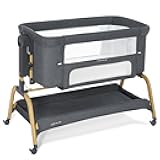 3 in 1 Baby Bassinet, Rocking Bassinets Bedside Sleeper with Comfy Mattress and Wheels, 6 Height Adjustable Easy Folding Portable Bedside Crib for Newborn Infant (Dark Grey)