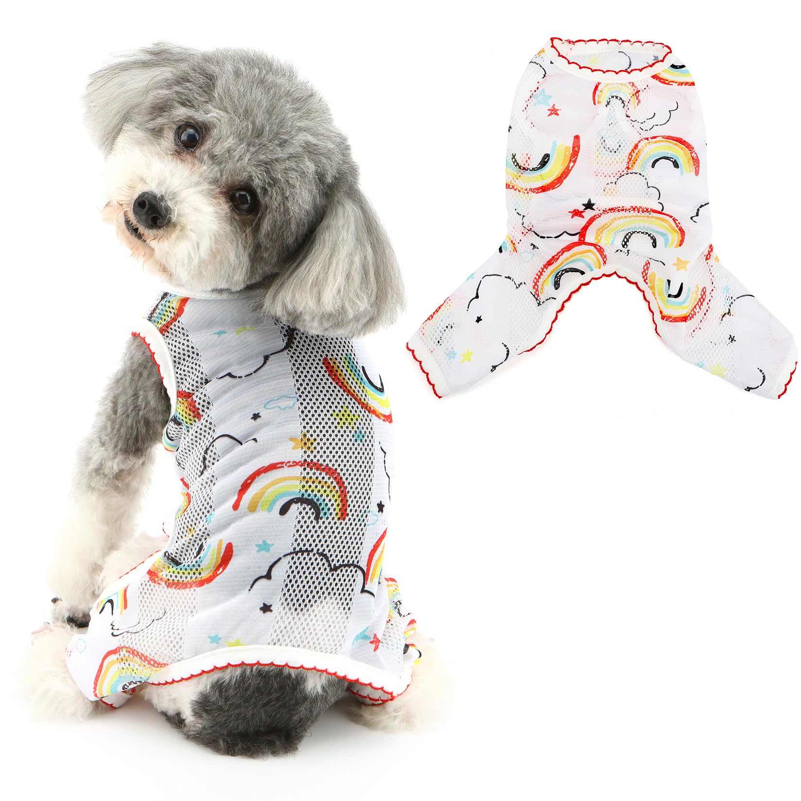 Ranphy Cool Mesh Dog Pajamas Summer Clothes for Small Dogs Cute Cartoon Print Pet Jumpsuit Soft Puppy Onesie Doggy Lightweight Breathable Pjs