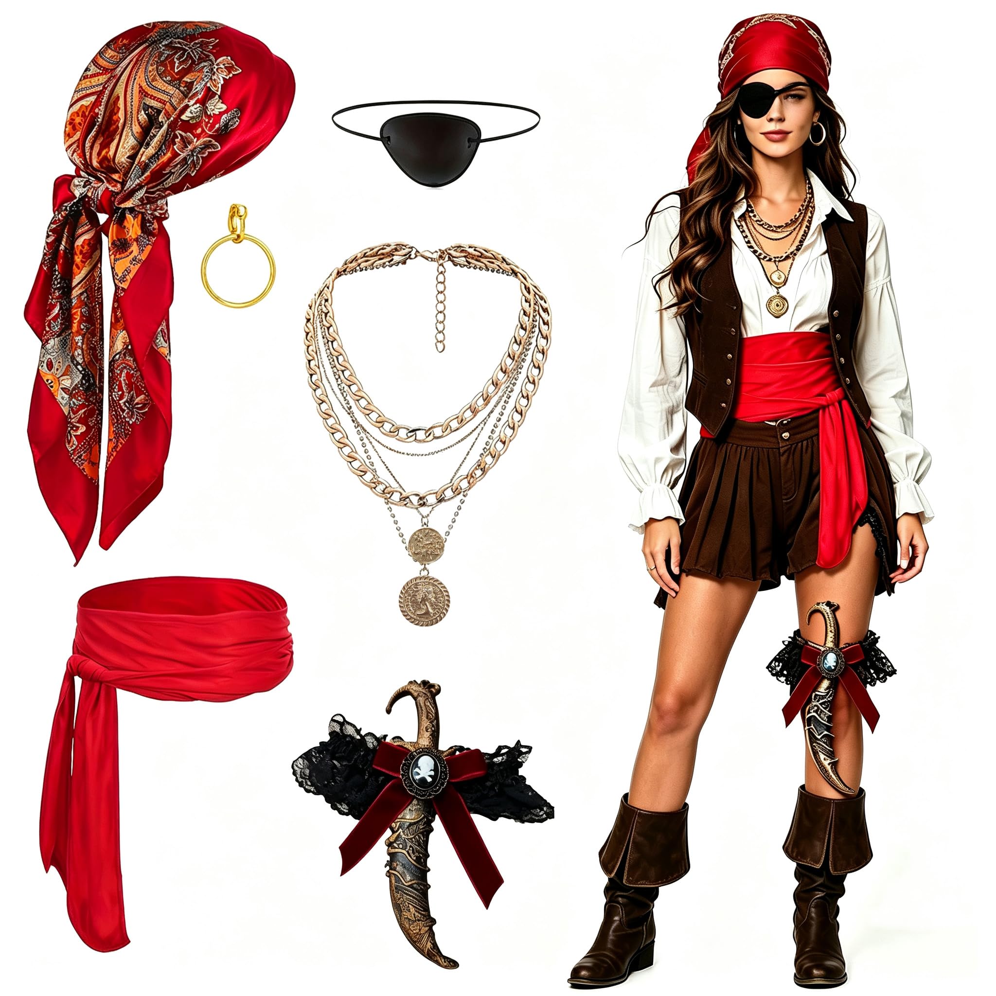 ZJEEACO Pirate Costume Women, 6PCS Pirate Accessories for Ladies with Pirates Hat, Belt, Eye Patch, Sword Leg Band, Adults Fancy Bandana & Corset for Halloween, Red Outfits for Role Play Party