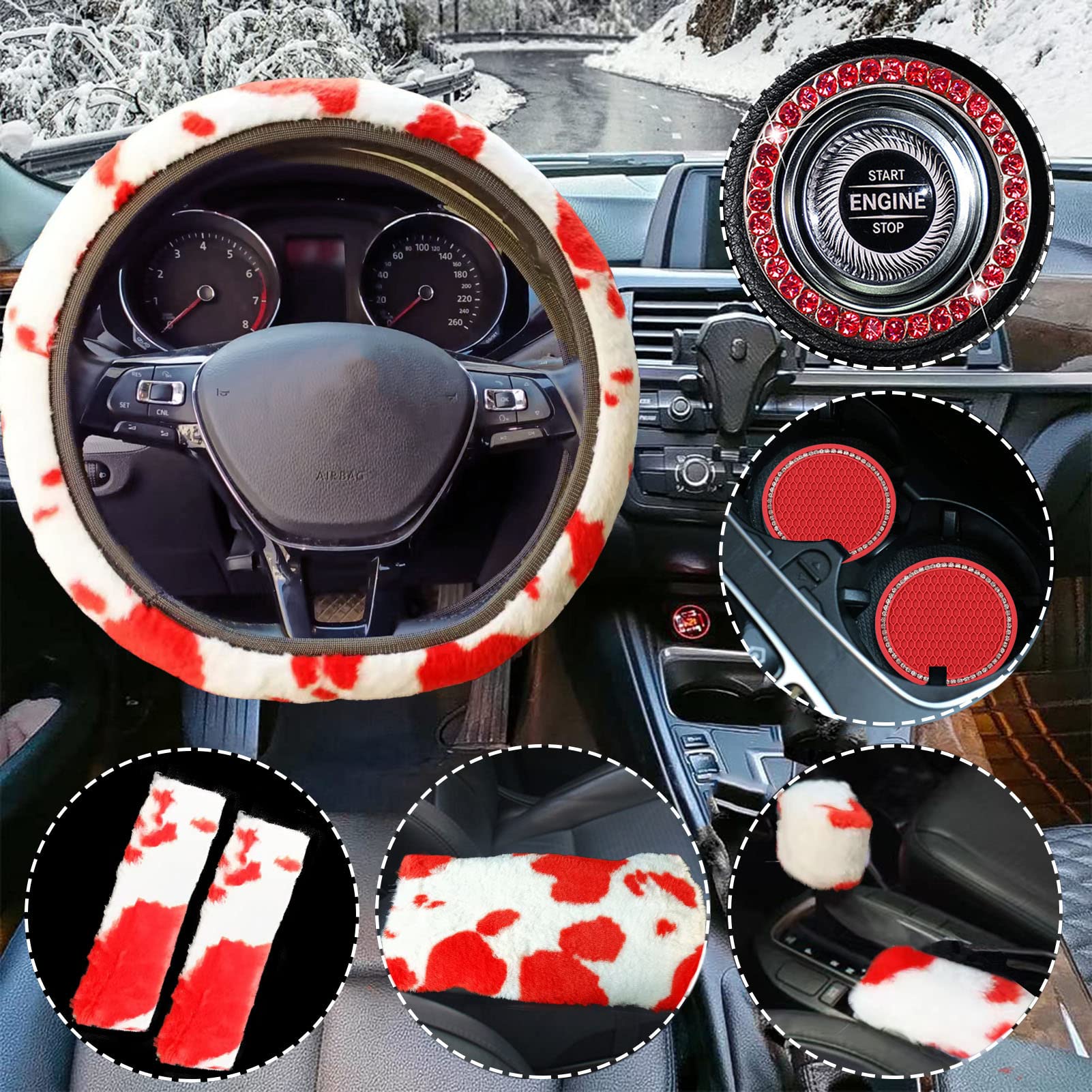 Fluffy Cow Print Plush Steering Wheel Cover for Women with Furry Gear Cover,Handbrake Cover,Seat Belt Cover,Armrest Pad,Car Coaster and Bling Emblem Sticker Furry Car Accessories Pack of 9 (Red)
