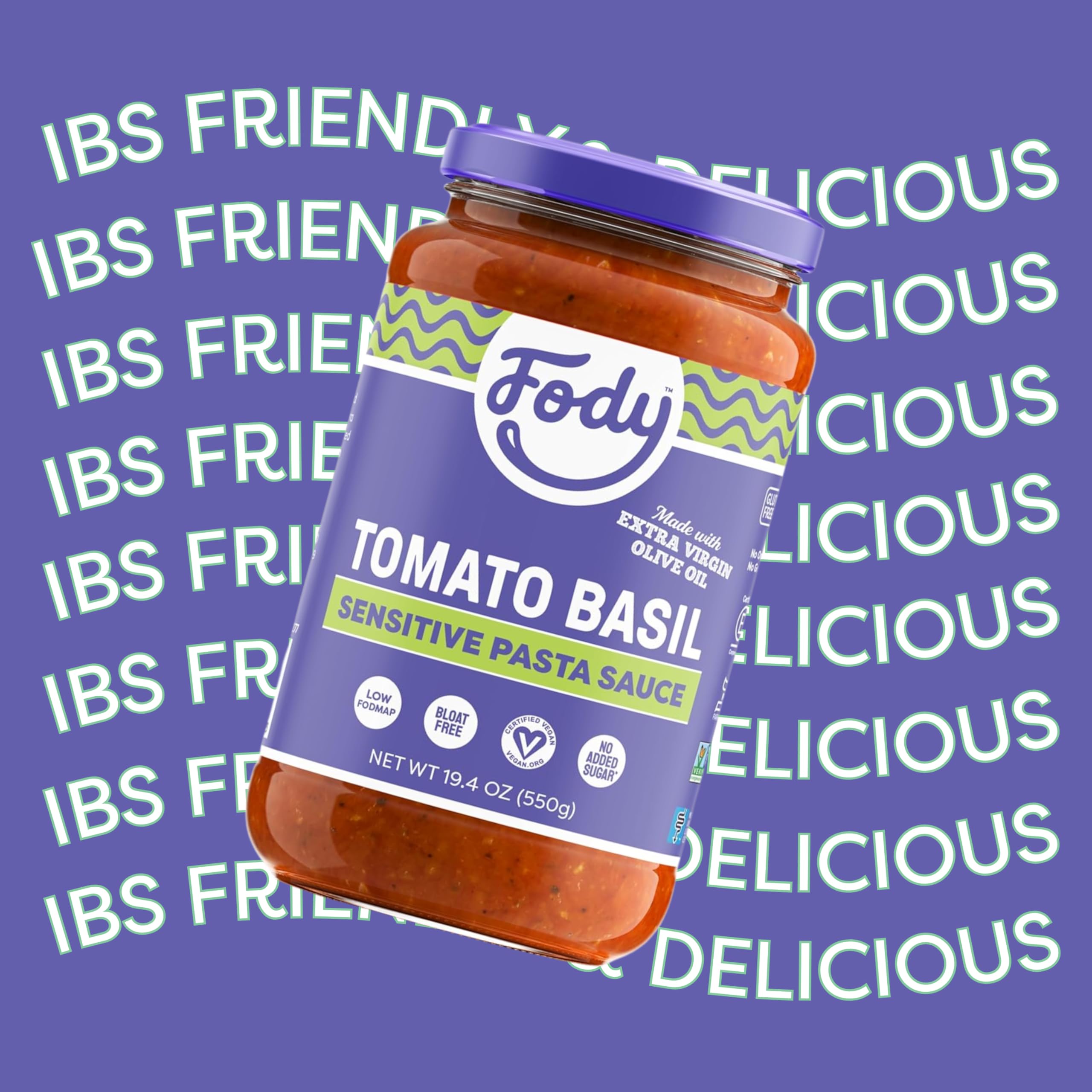 Fody Foods Tomato Basil Pasta Sauce, 19.4 Oz, Garlic and Onion Free, Low FODMAP Certified, Gut & IBS Friendly, Vegan, Non-GMO, Gluten Free, Kosher