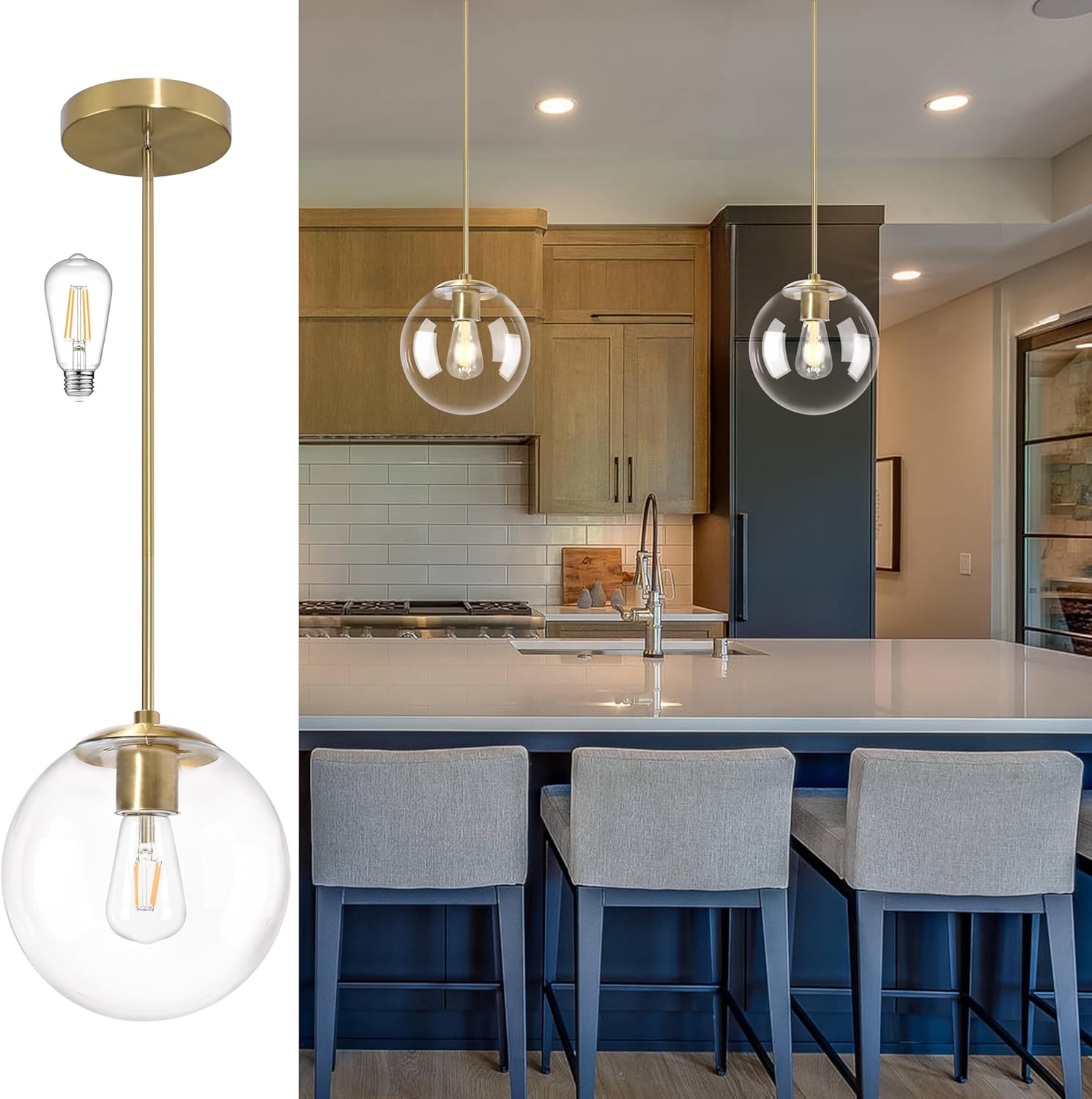 10 Inch Globe Pendant Light Gold Mid Century Pendant Light Adjustable Hanging Light Fixture Globe Pendant Lights Kitchen Island Clear Glass with Brass Finish for Dining Room Clear & Brass 10 inch