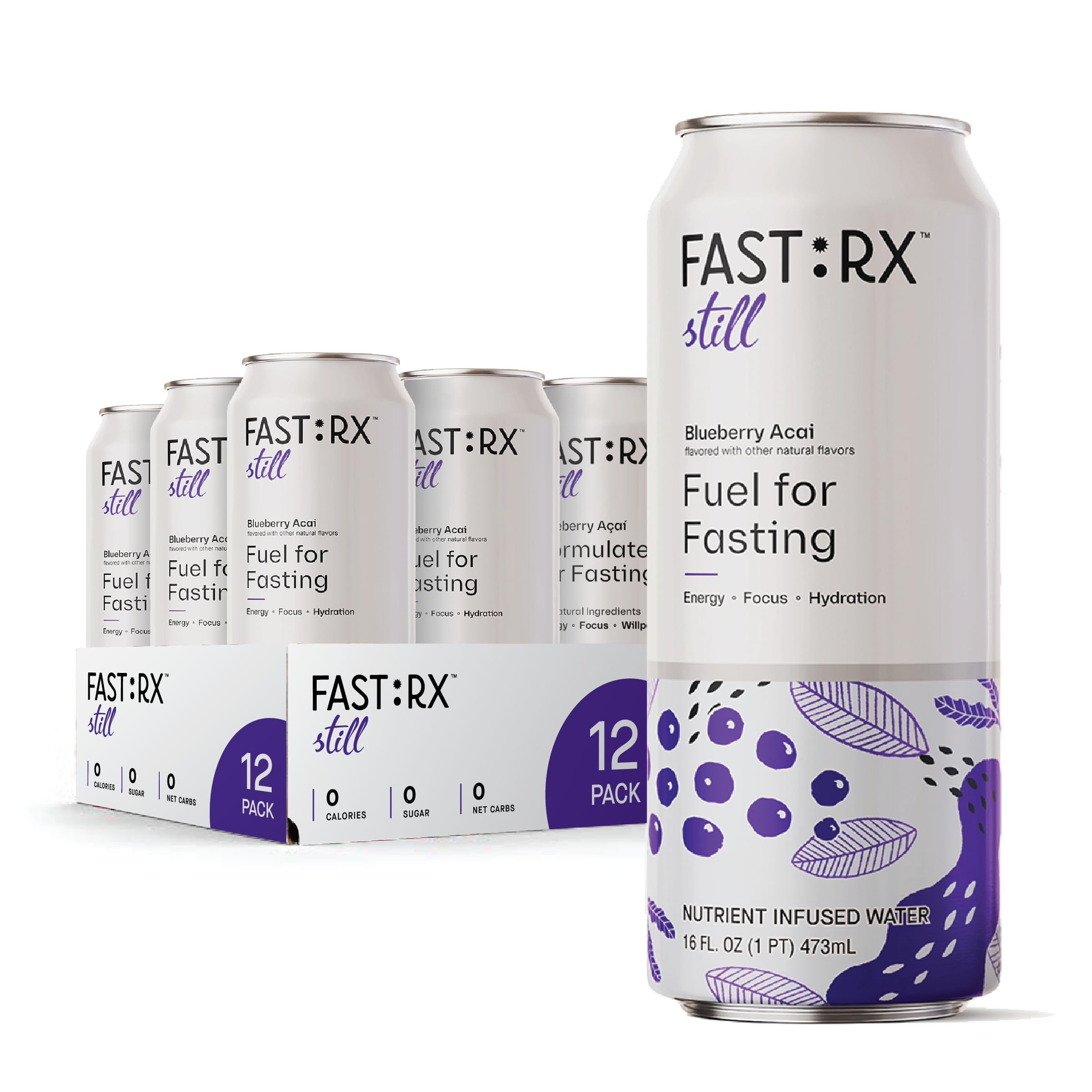 FASTRX Blueberry Acai Still Fasting Electrolytes Drink – Sugar Free Electrolytes for GLP-1 Hydration Support, Hunger Suppressant with Vitamins & Minerals – Zero Calories & Carbs – 16Oz, 12-Pack