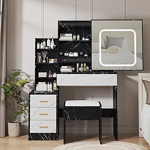 Vanity Desk with Sliding Mirror and Lights, Makeup Vanity Set with 4 Drawers, Stool, Power Outlet, Open Shelves, 3 Color Adjustable Light Modes, Makeup Dressing Table for Bedroom, Marble-Black & White