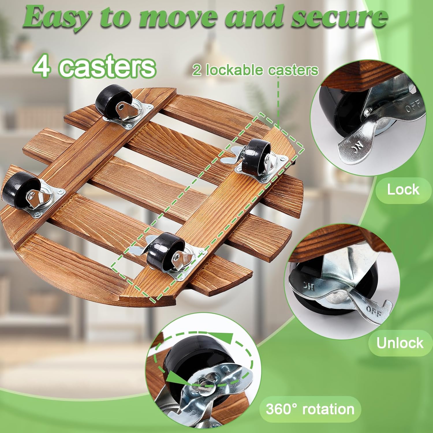 2 Pack Rolling Plant Stand, 12IN Wood Plant Caddy with Wheels, Heavy Duty Wooden Round Planter Dolly with 360° Lockable Wheels, for Indoor Outdoor Large Plants Flower Pot