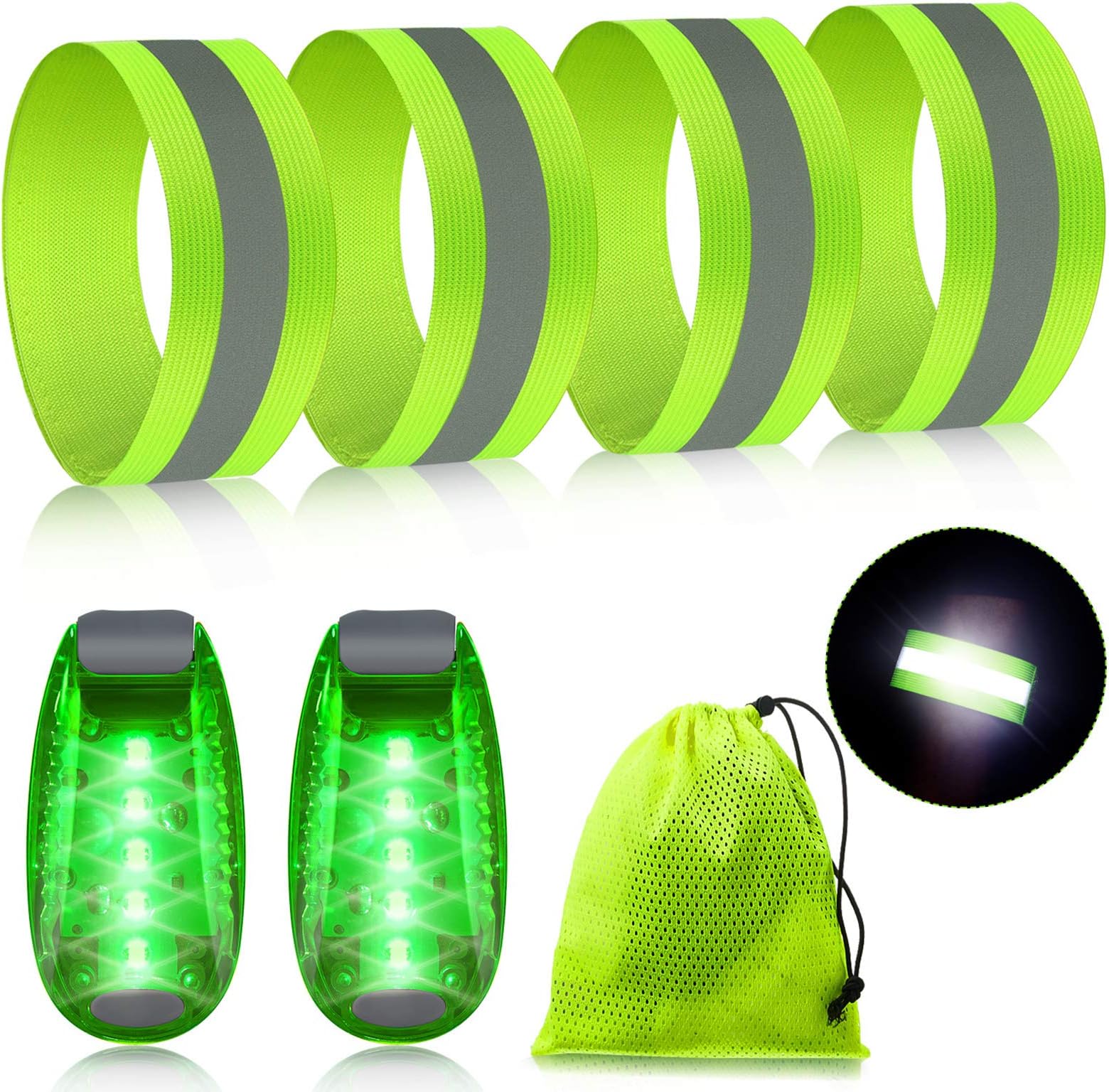 Sumind Reflective Running Gear Set Include 2 Pieces LED Safety Lights and 4 Reflective Bands for Wrist Arm Ankle Leg Straps Tape High Visibility Bands Strobe Running Light for Woman Men
