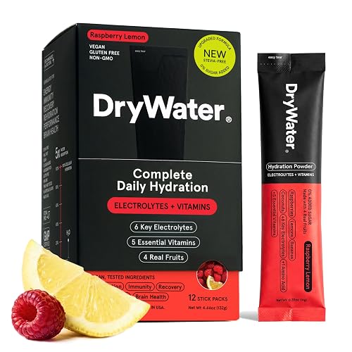 DryWater Electrolytes + Vitamins Hydration Packets Raspberry Lemon