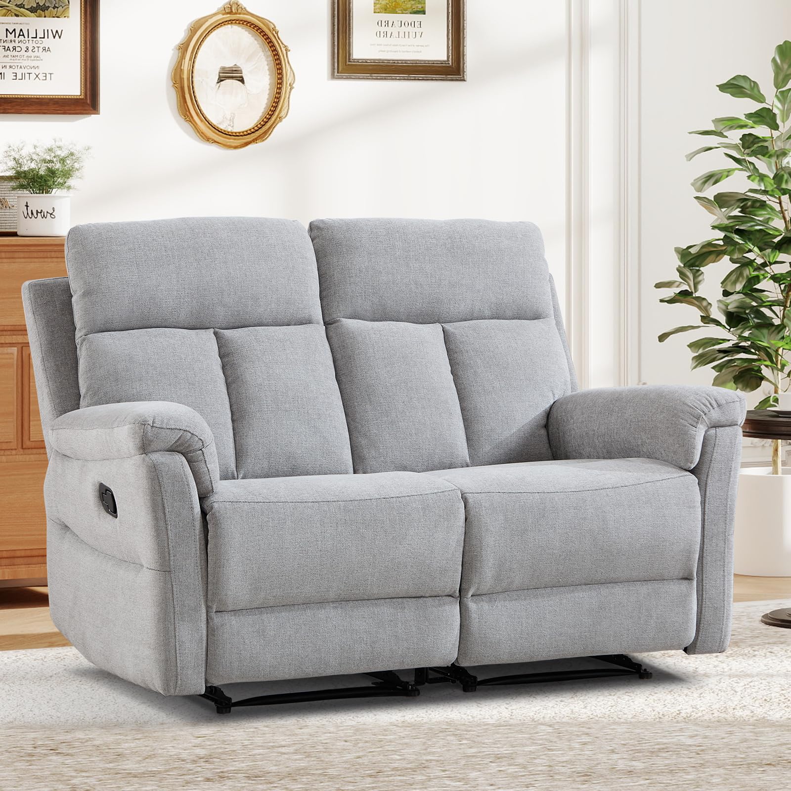 ANJ Manual Reclining Loveseat, 2-Seat Recliner Sofa with Padded Arms and Supportive Backrest, Comfortable Fabric Reclining Couch for Living Room, Silver