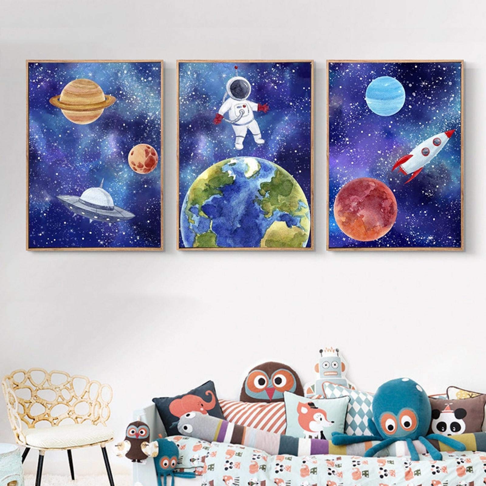 Amazon｜男の子の宇宙キャンバス絵画保育園の壁の写真水彩ブルー