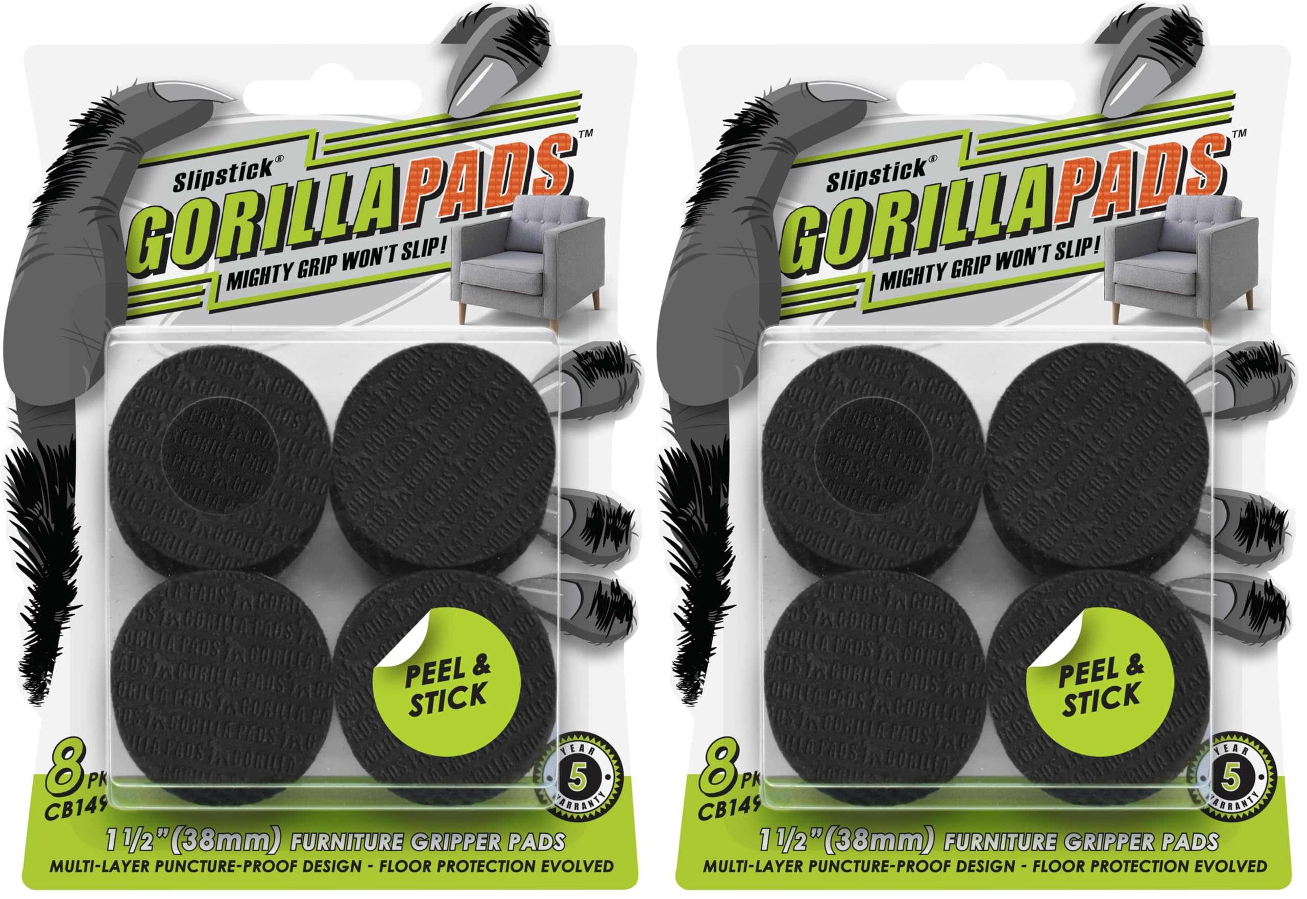 Slipstick GorillaPads CB149 Non-Slip Furniture Pads/Rubber Grippers (Set of 8) Self-Adhesive Furniture Feet Floor Protectors, 1-1/2 inch Round, Black (Pack of 2)
