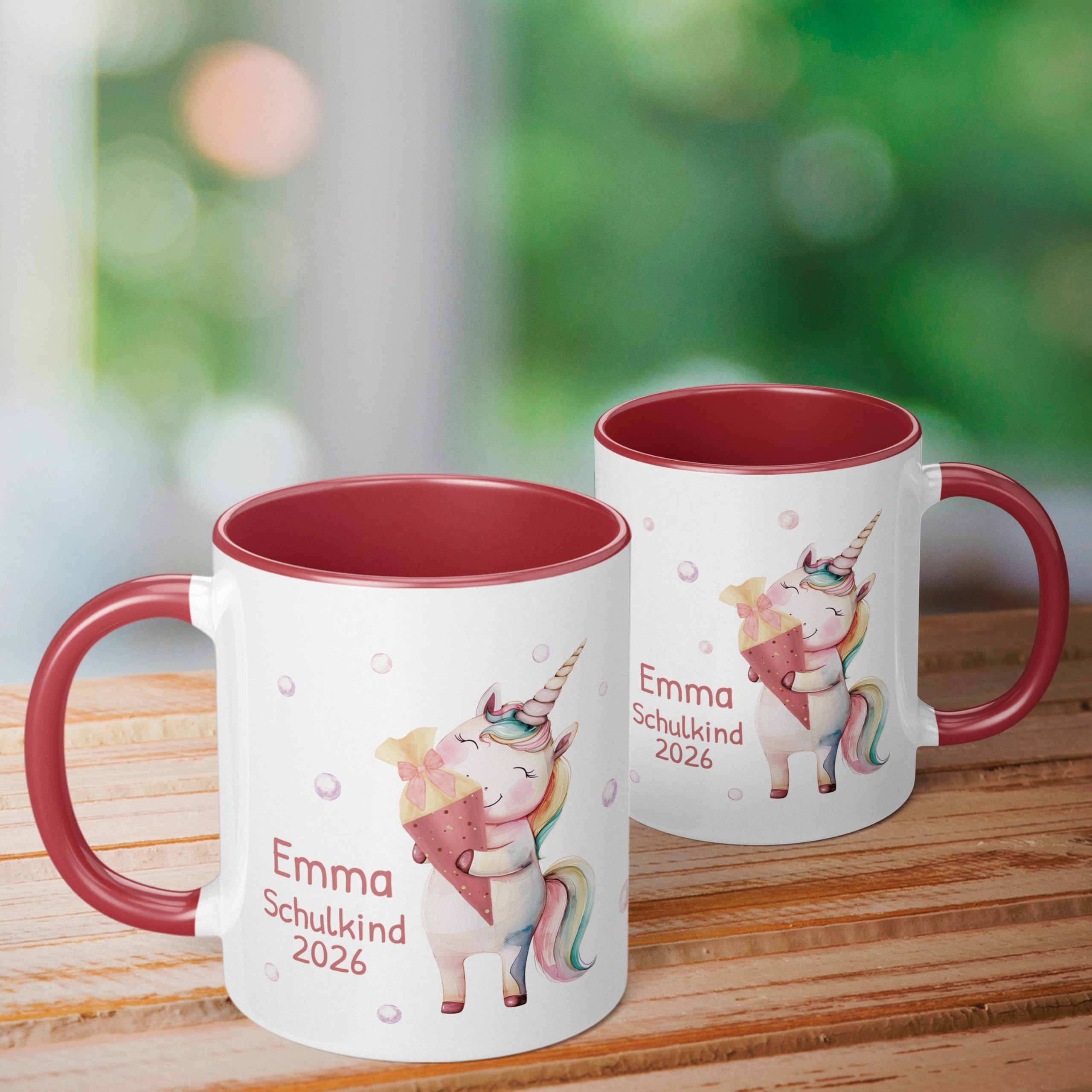 Geschenk zum Schulanfang für Mädchen: Tasse „Schulkind 2026“ - Motiv: EINHORN Schultüte - personalisiert mit Namen - Einschulung Schulanfänger 1. Klasse, Keramik, ca. 330ml, Rot