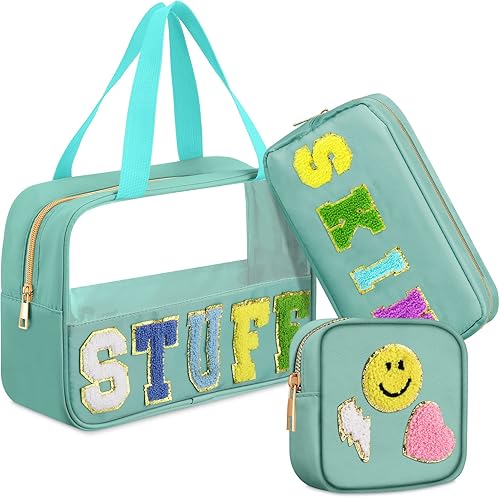 Miniatura 1 de Bolsa de maquillaje de nailon con parche de letras de chenilla, bolsa de maquillaje, bolsa de cosméticos, bolsa de chenilla, bolsa de almacenamiento