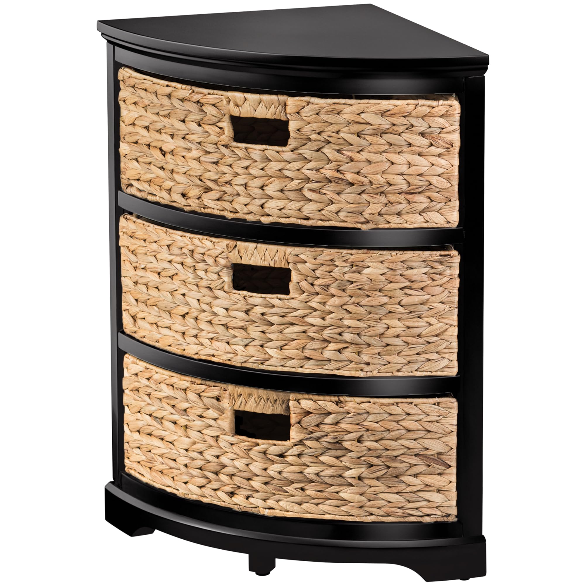 eHemco Hampton Meadows 3 Tier X-Side Corner Table Storage Cabinet with 3 Wicker Baskets, Black