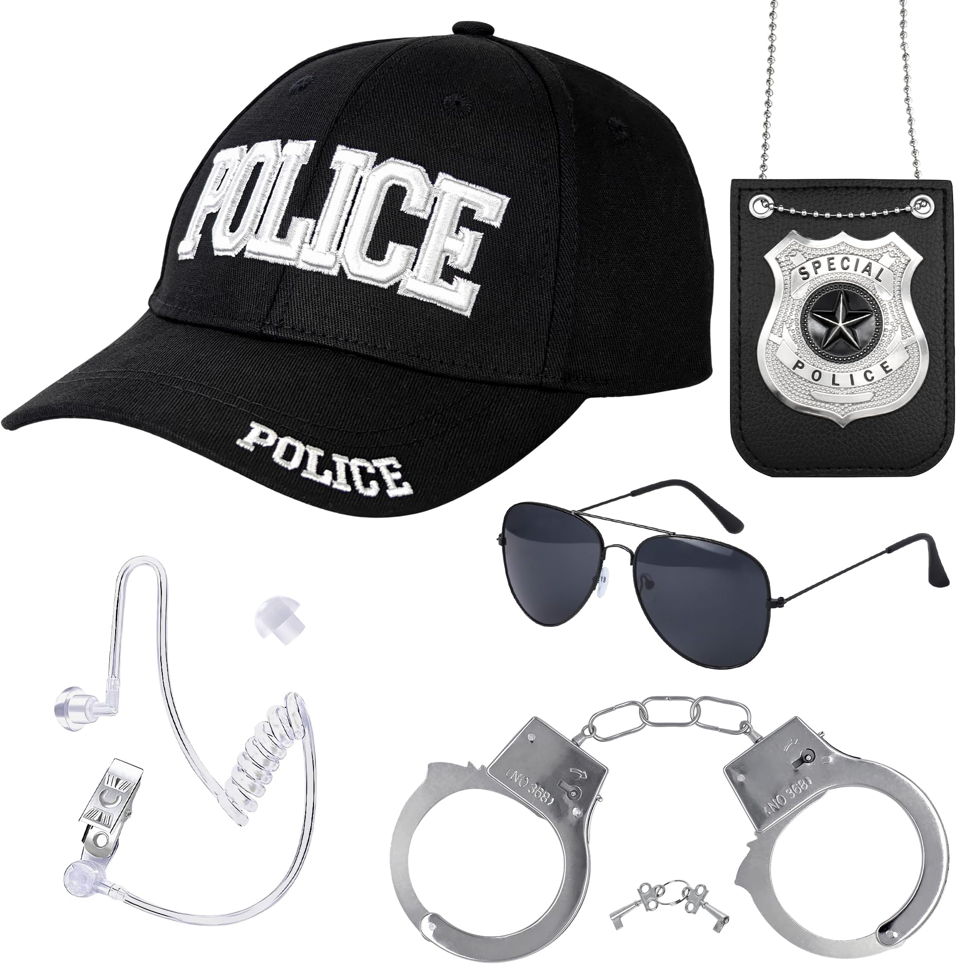 Yezmo Police Costume Accessories, Cop Costume Accessories Kit with Adjustable Cop Hat Police Badge Sunglasses Spy Earpiece Handcuffs for Adult for Halloween Role Play Dress up