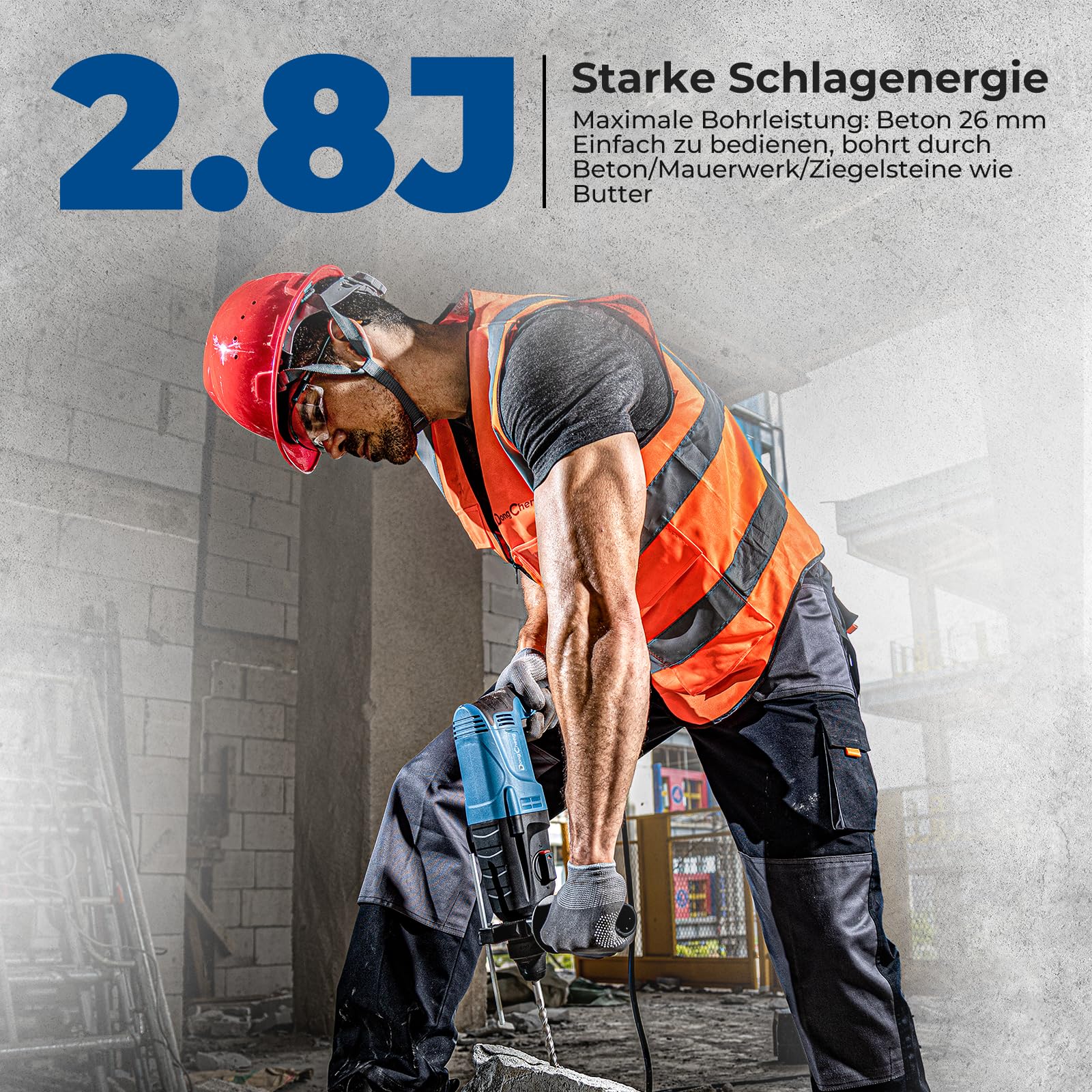 DongCheng Bohrhammer 800W, Schlagenergie 2.8 J, Leerlaufdrehzahl 0-1200U/min, mit 4 Drill Bit SDS plus, Bohren bis 26mm, 4 in 1 Bohrmaschine, Abbruchhammer, Anti-Vibrationsgriff
