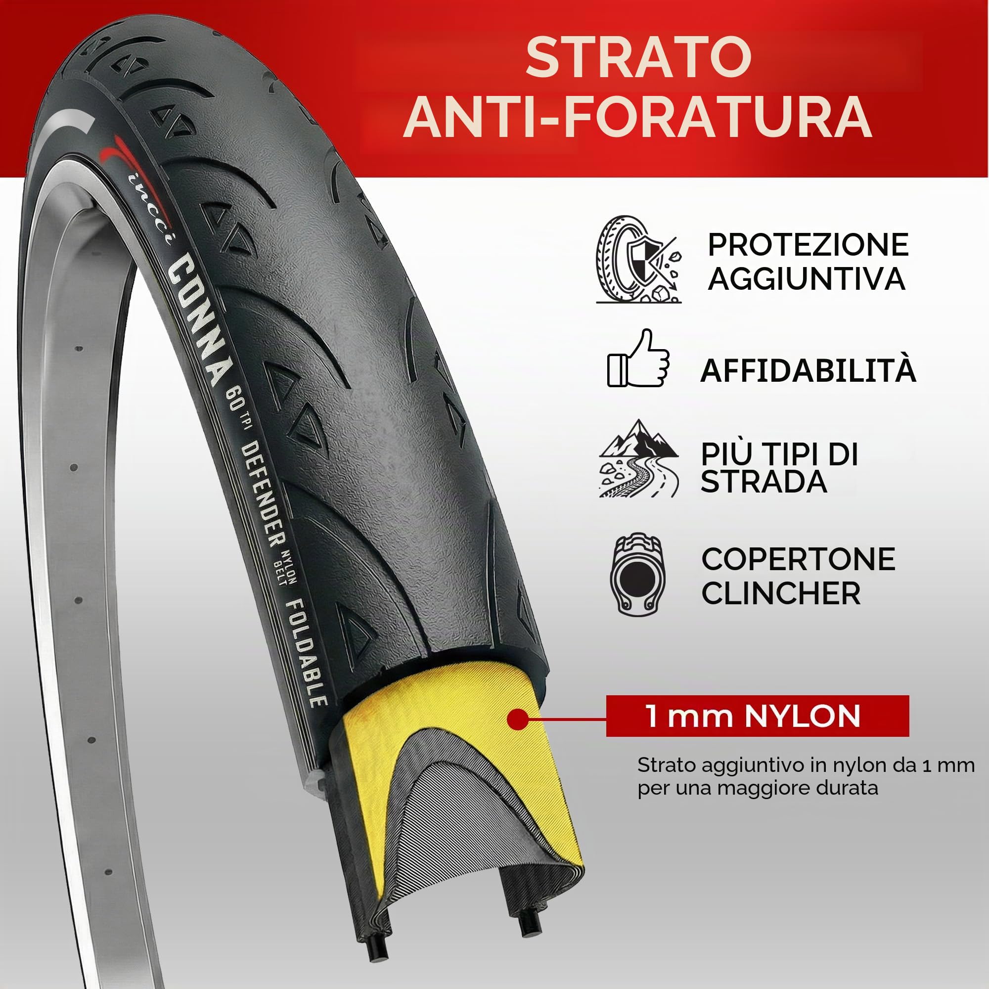Fincci Copertone Bici 700x25c 25-622 Pieghevole con Banda Riflettente LVL3 | Copertoni Bici 700x25 con Protezione Antiforatura LVL3 e Pressione 85-115 PSI per Alte Prestazioni - Set da 2