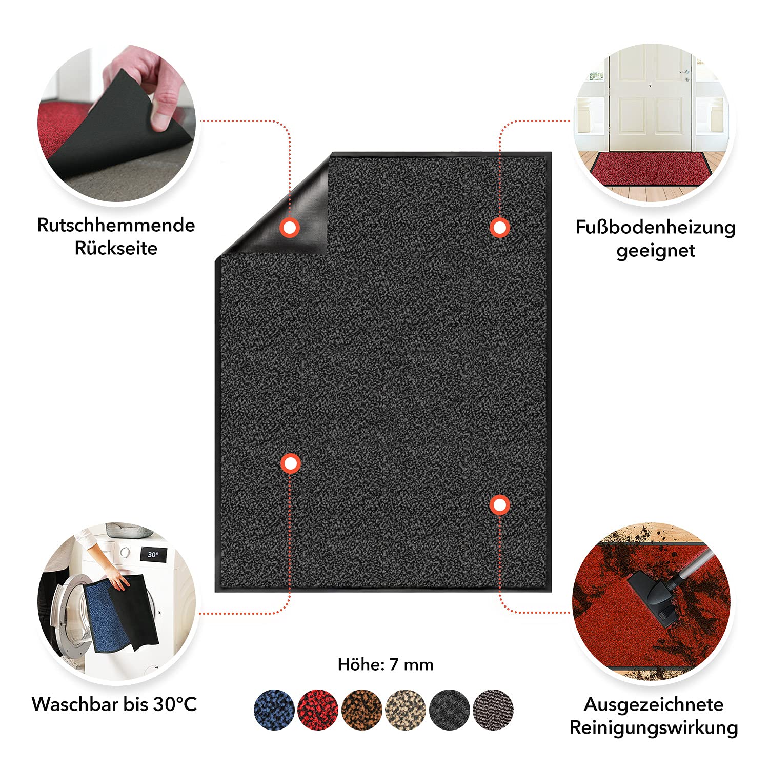 Floordirekt Schmutzfangmatte Sky - Fussmatte in vielen Größen & Farben - Türmatte für innen & außen - Sauberlaufmatte Fußabtreter für Flur Eingang Eingangsbereich (120 x 180 cm, Rot)