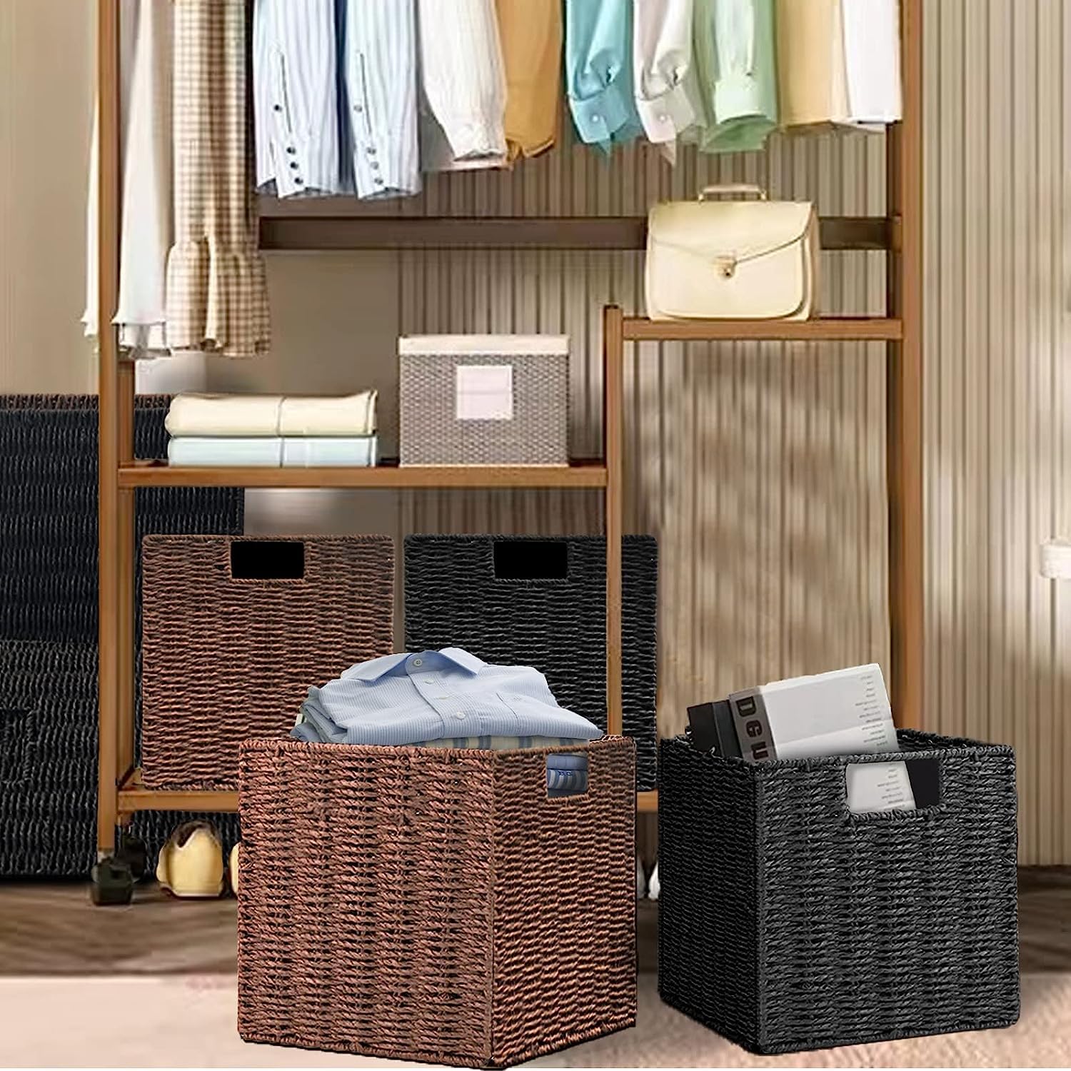 2 Cestas de Almacenaje, Cesta Mimbre Tejidas a Mano Cubo 28CM, Cesta Grande Plegable de Papel de Jacinto de Agua con Asas, Cesto Decorativo para Baño Estanterías Kallax Cocina