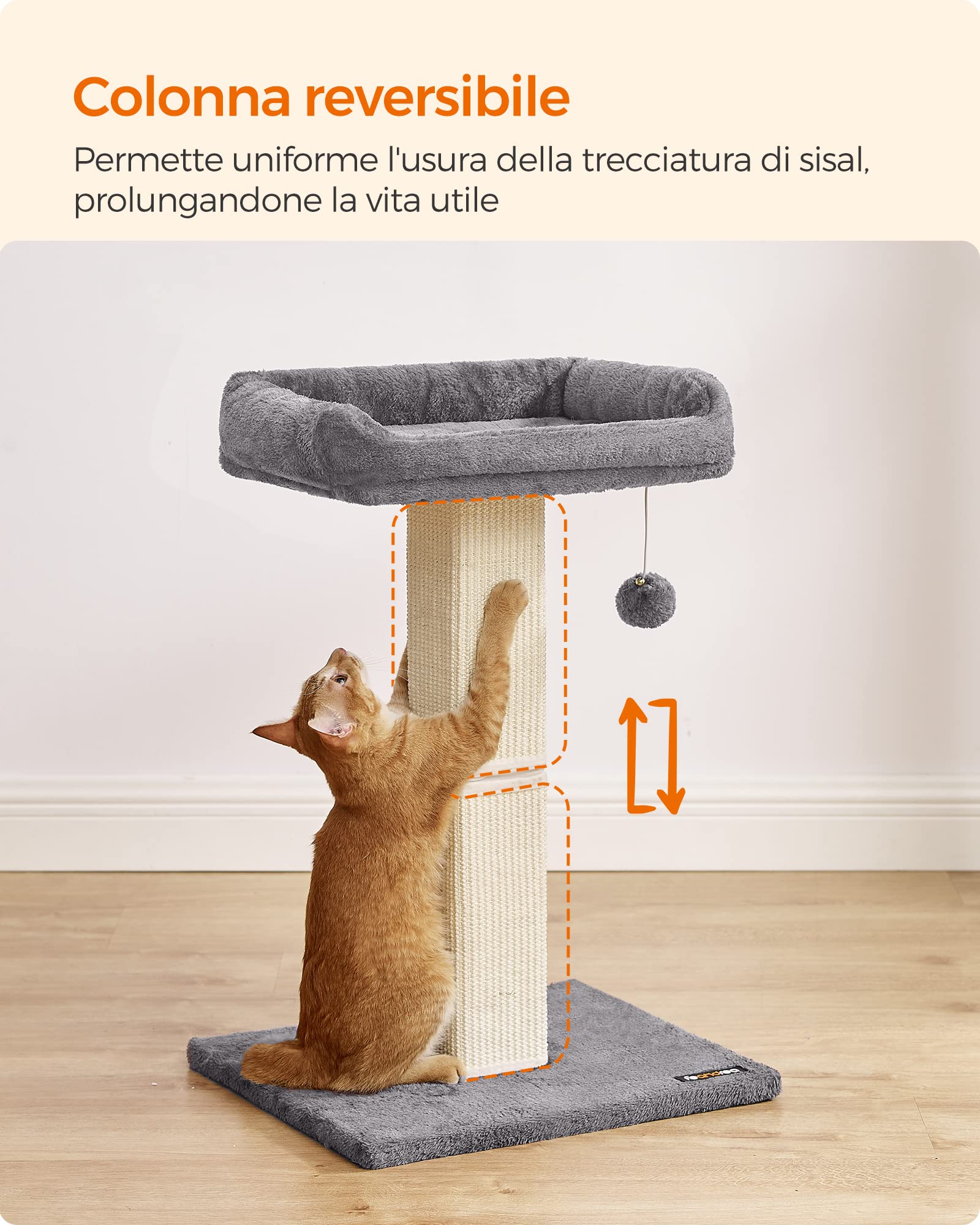Feandrea Albero per Gatti, Tiragraffi con Piattaforma in Peluche da 40 x 30 cm, Graffiatoio per Gatti, Alto 71 cm, Colonna con Sisal Intrecciato, Base 45 x 40 cm, con Pompon, Grigio Chiaro PCA022W01