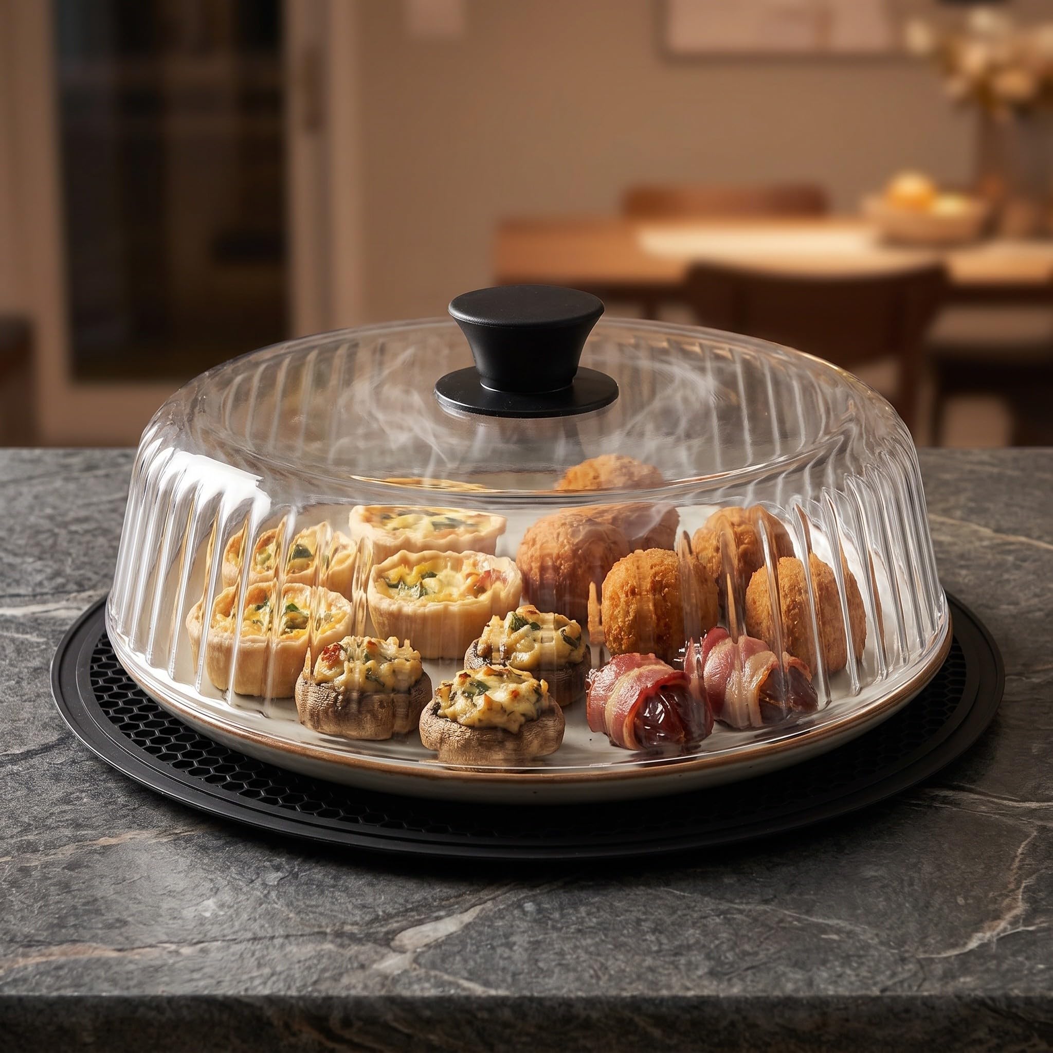Zerodeko Coperchio in vetro per microonde anti-schizzi, da 25 cm, in vetro borosilicato, con pomello in silicone e tappetino per piatti e stoviglie, cupola ventilata per un riscaldamento uniforme.