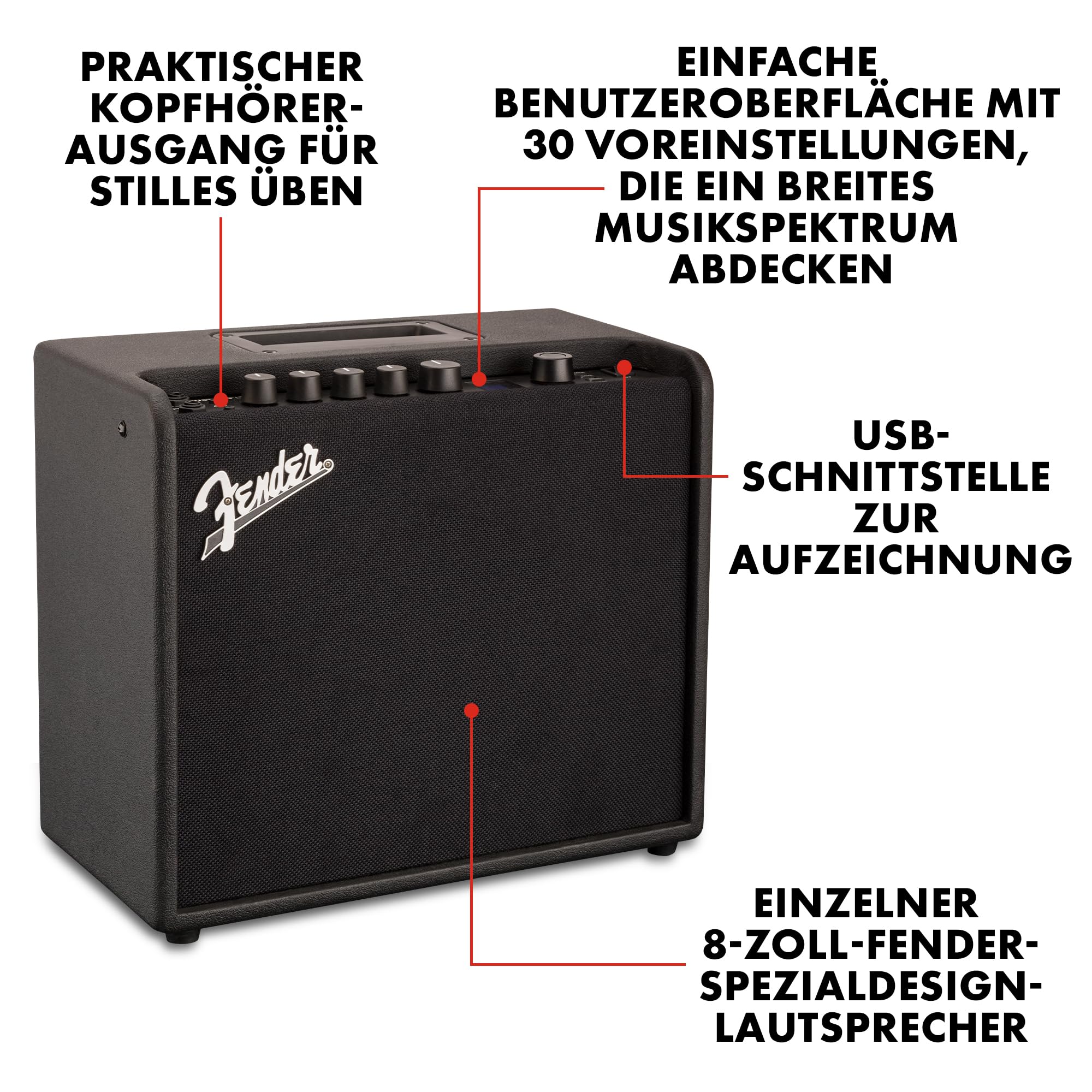 Fender Mustang LT25 Gitarren-Combo-Verstärker, Schwarz | 25W mit 8" Lautsprecher, 30 Presets, FX und USB-Konnektivität