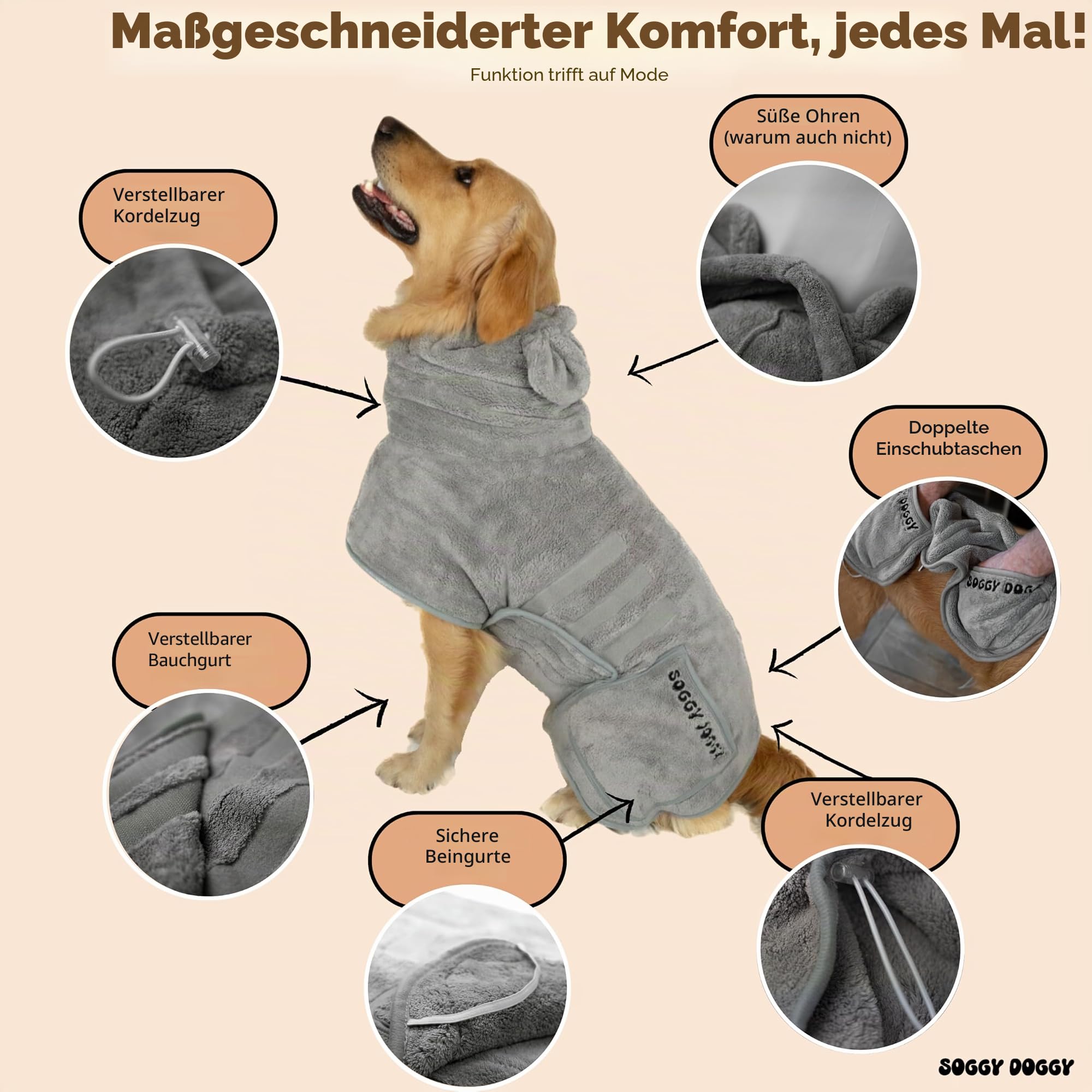 Verstellbarer Mikrofaser-Hundemantel, schnelltrocknend, supersaugfähiges Handtuch mit Taschen, XS-XL, luxuriöser Hunde-Bademantel für Hunde, Größe L