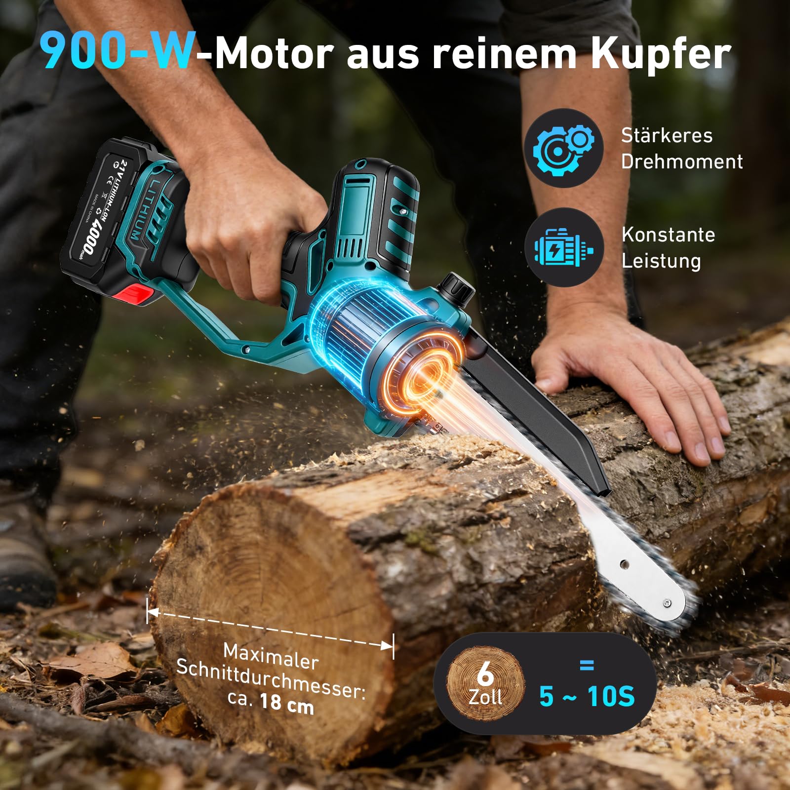 Mini motosega a batteria, 2 batterie agli ioni di litio da 4000 mAh, catena in metallo duro, lubrificazione automatica, doppia serratura di sicurezza, silenziosa e leggera, per giardino, legno