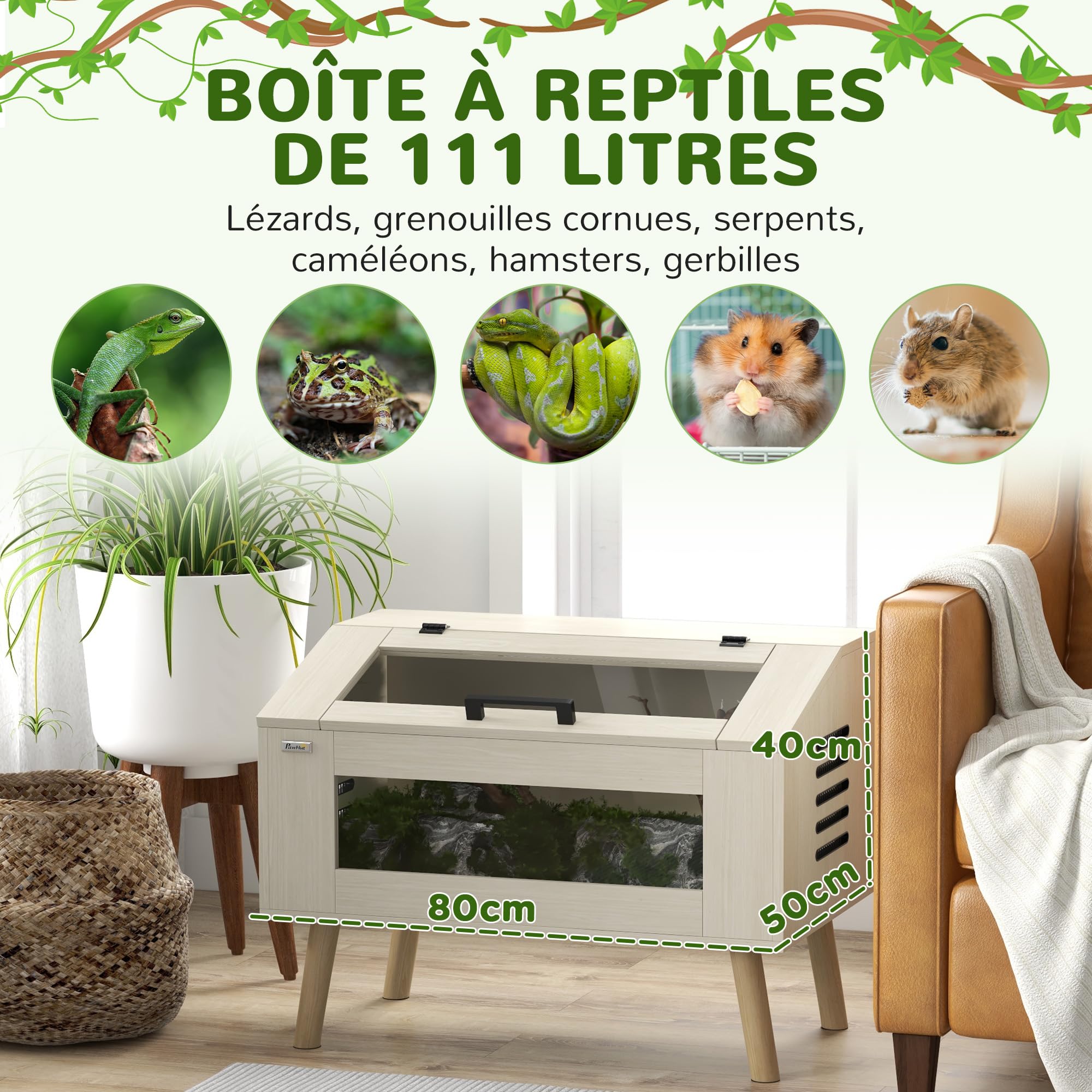 PawHut Terrario per rettili con ventilazione laterale, vivarium per serpenti da 111L con finestre in vetro temperato, coperchio, 80 x 50 x 60 cm legno naturale