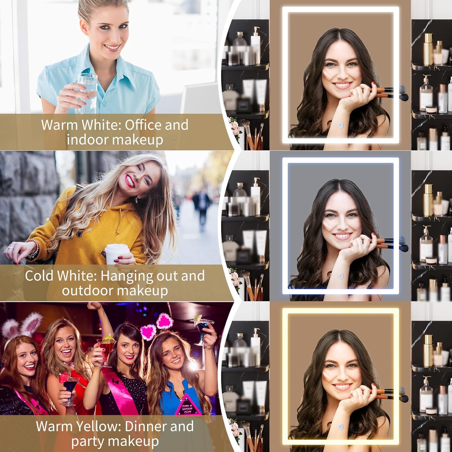 Vanity Desk with Mirror and Lights, Makeup Vanity Set w/Desk and Stool, Power Outlet, Makeup Vanity Desk with 6 Storage Shelves, 2 Large Drawers and 3 Color Adjustable Brightness, Marble Black