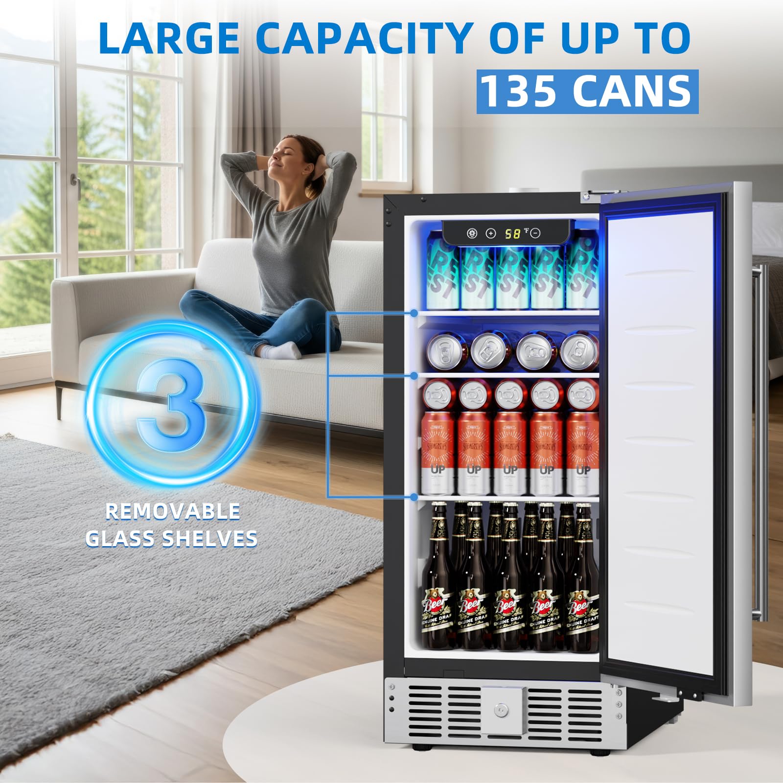 Antarctic Star 15 Inch Undercounter Beverage Refrigerator, 135 Can Built-In Or Freestanding Compact Beverage Cooler With Stainless Steel Door, Outdoor Refrigerator For Patio Home Kitchen on Fridge.com - View 2