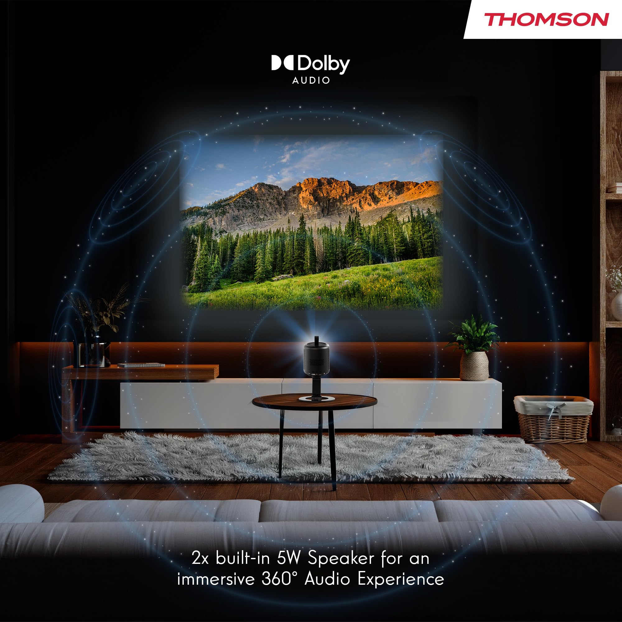 Thomson Vega PG35B Tragbarer Full HD Beamer, Smart LED Projektor mit Google TV, integriertem Akku, 350 ANSI Lumen, Autofokus, HDR10, Dolby Digital+, WiFi, Projektion an die Decke – Hartschalenkoffer