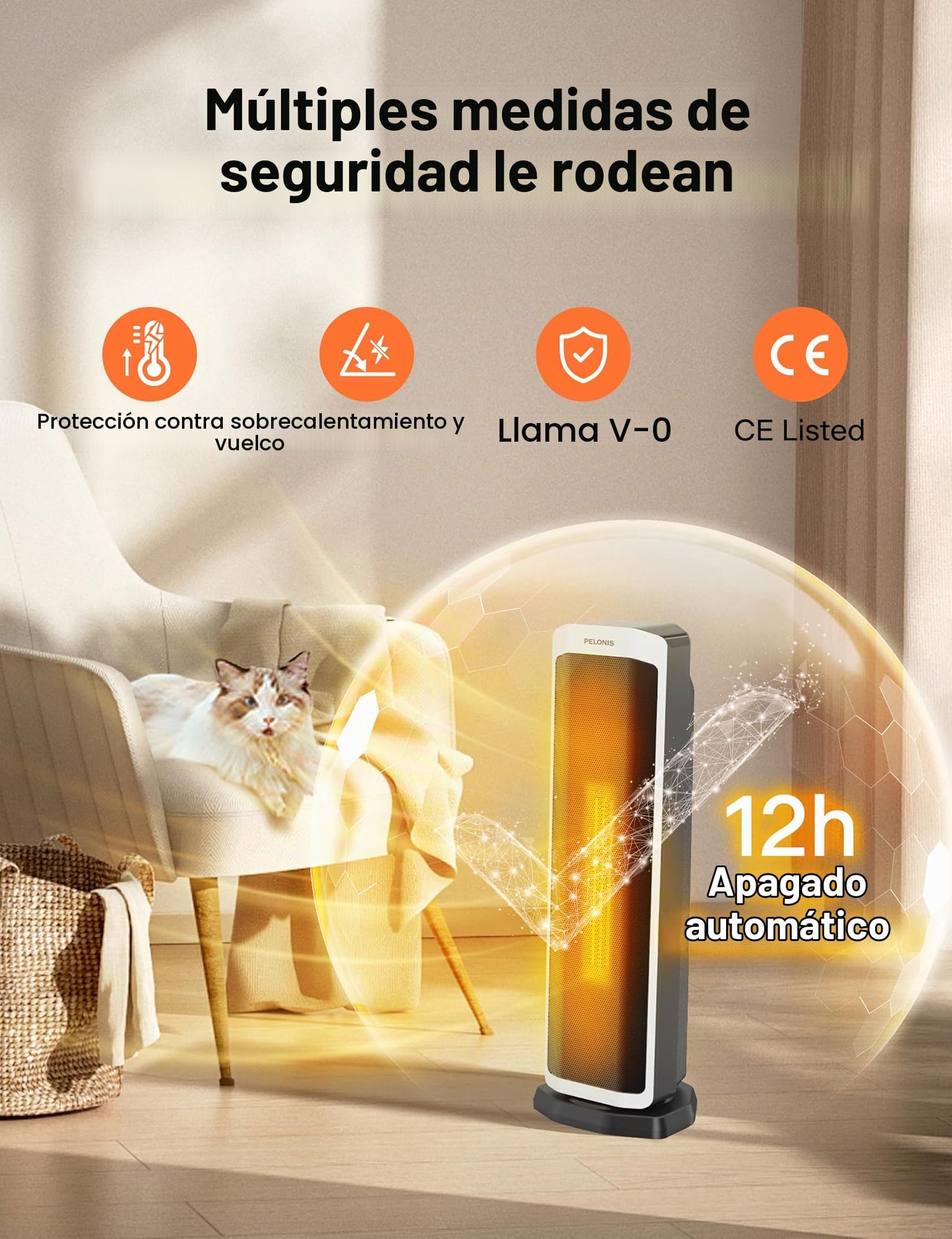 PELONIS Calefactor Eléctrico 2000W con Mando, Calefacción Rápida 3S y Modo ECO, Oscilación 75°, Termostato Ajustable (5-35°C), Temporizador 8H, Silencioso para Dormitorio