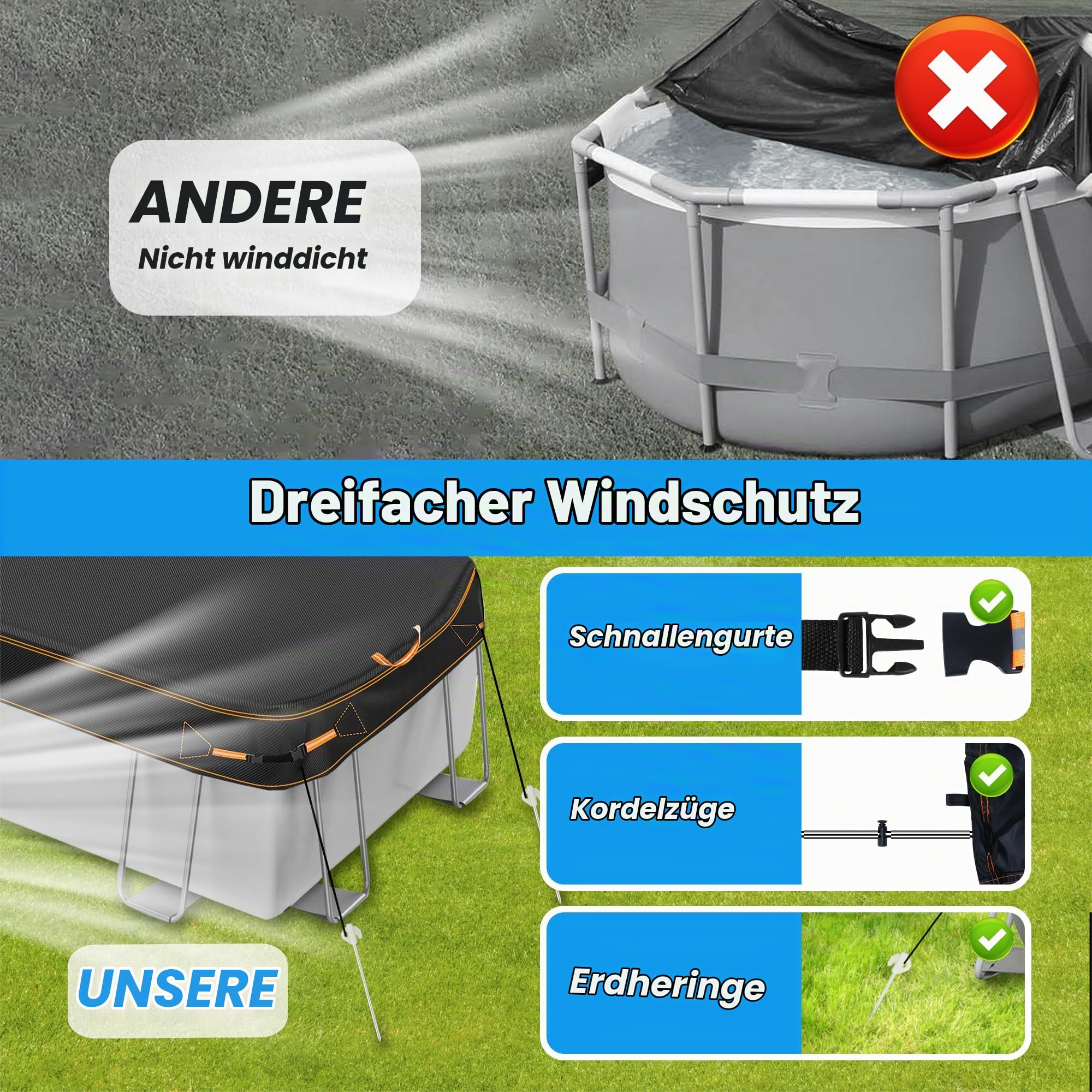 rechteckige Pool Abdeckung, 4x2m Heavy Duty Stoff Abdeckungen für oberirdische Schwimmbäder, einschließlich Seil Krawatte & Nägel, Winddicht reißfest wasserdicht UV-beständig