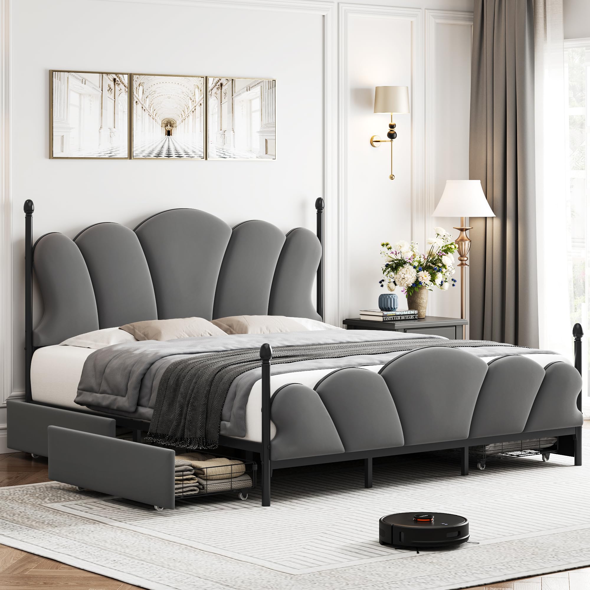 Queen Size Bed Frame, Velvet Upholstered Platform Bed with Adjustable Headboard, Queen Size Bed Frame with 4 Storage Drawers, NO Noise, No Box Spring Needed, Gray