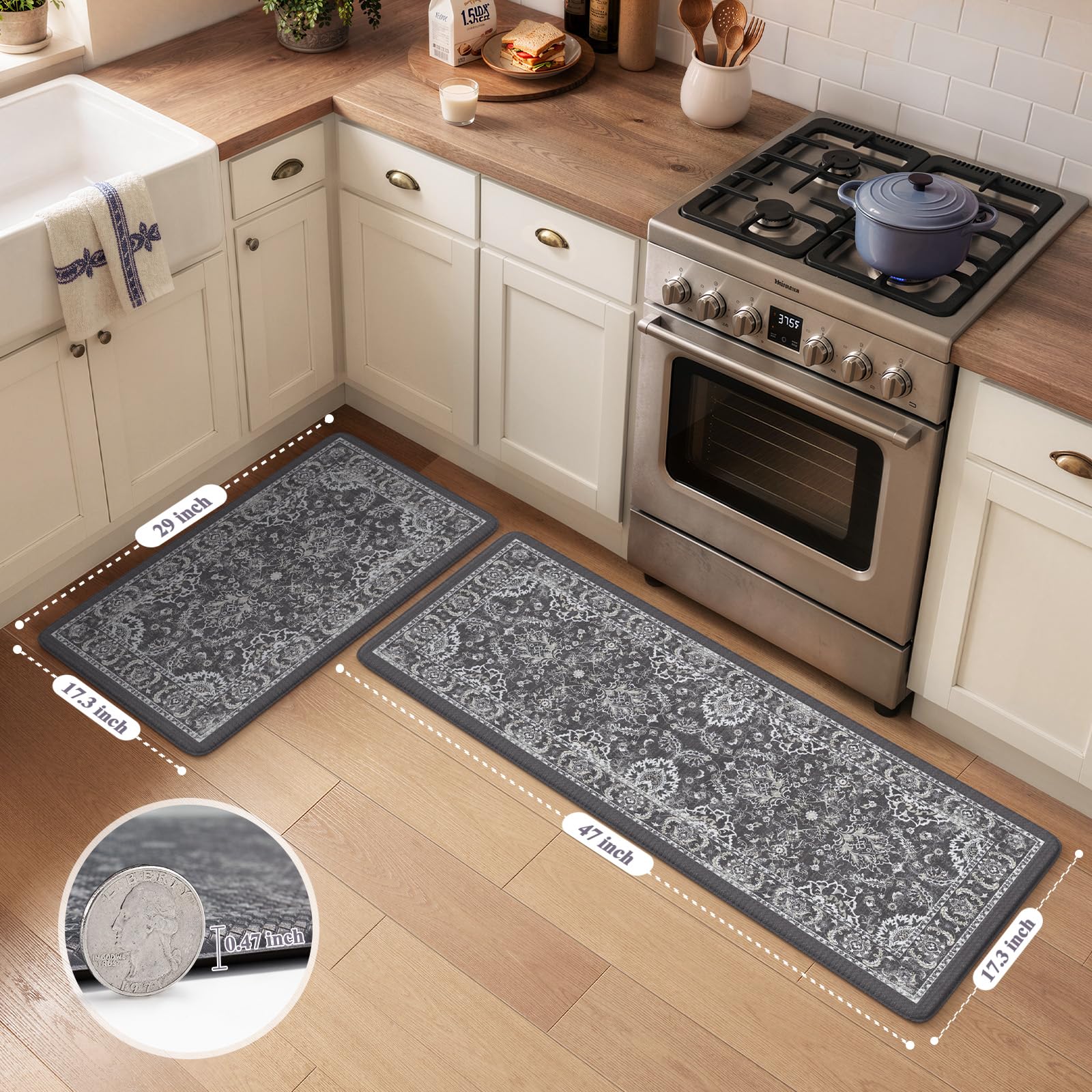 KIMODE Komfort-Küchenmatten für den Boden, gepolstert, Anti-Ermüdung, Boho-Blumenmuster, rutschfest, wasserdicht, Memory-Schaum, Küchenmatte, Teppich für Wäsche, Büro, Zuhause, Dunkelgrau, 43,2 x 74,9