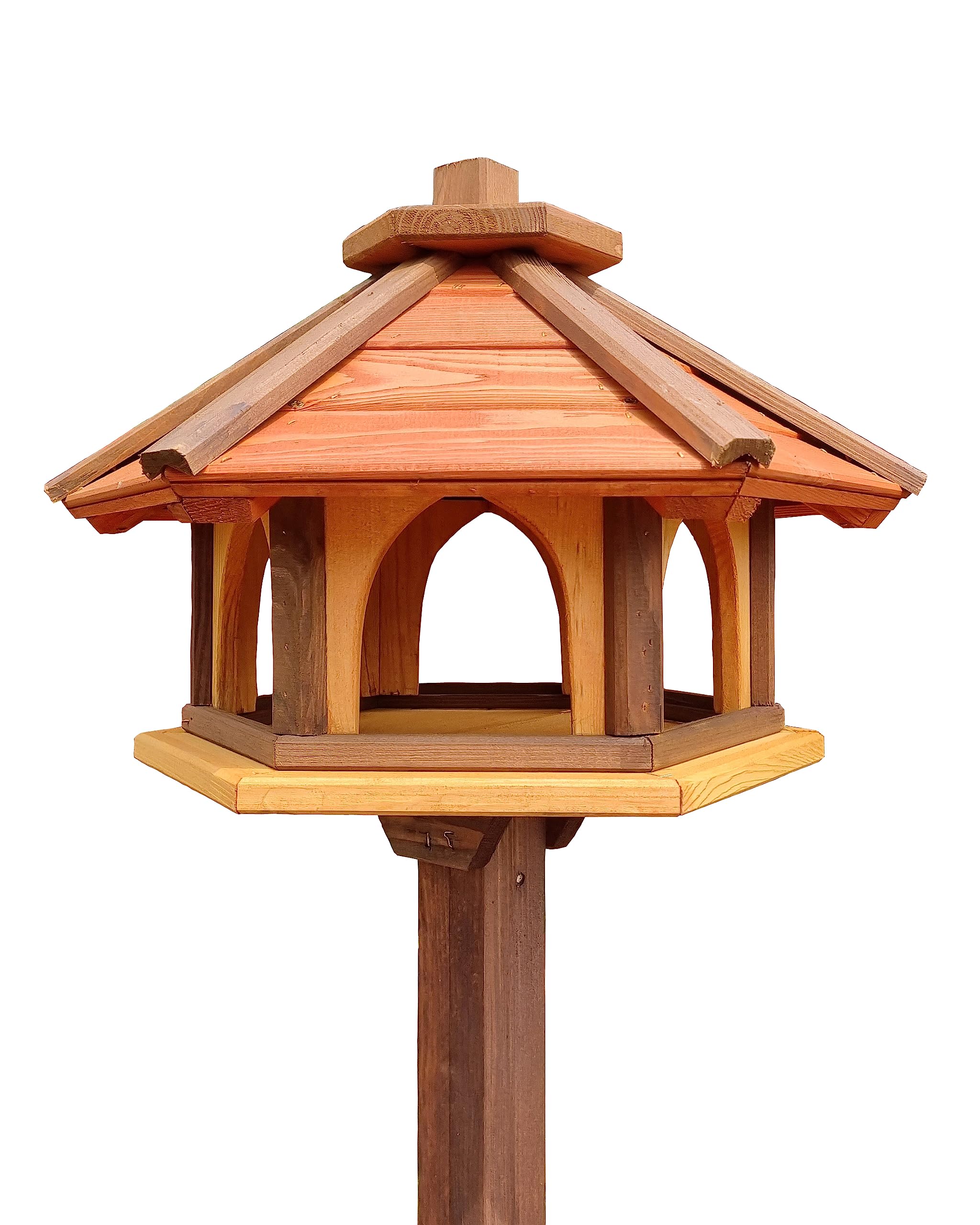 Pajarera con soporte de madera resistente a la intemperie, comedero para pájaros, comedero para pájaros silvestres, comedero para pájaros para colocar en el jardín, balcón (rojo+marrón+amarillo)