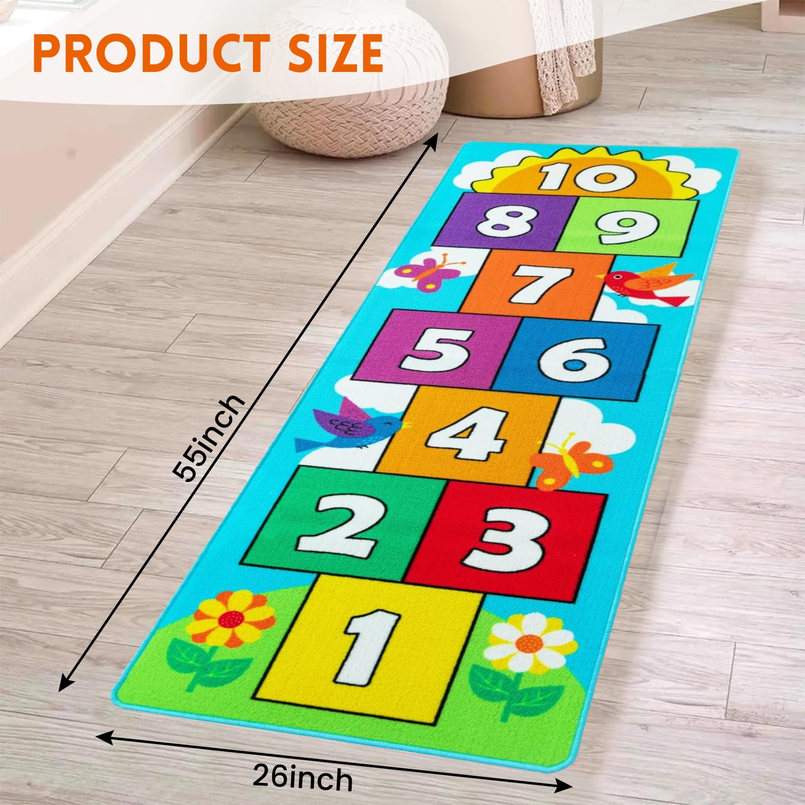 Hop & Count Hopscotch-Teppich für Kinder, Boden-Spielbereich, Spielteppich, Krabbel-Sprungmatte, rutschfeste Unterseite, tolles Geschenk für Jungen und Mädchen, Raumdekoration, klassischer