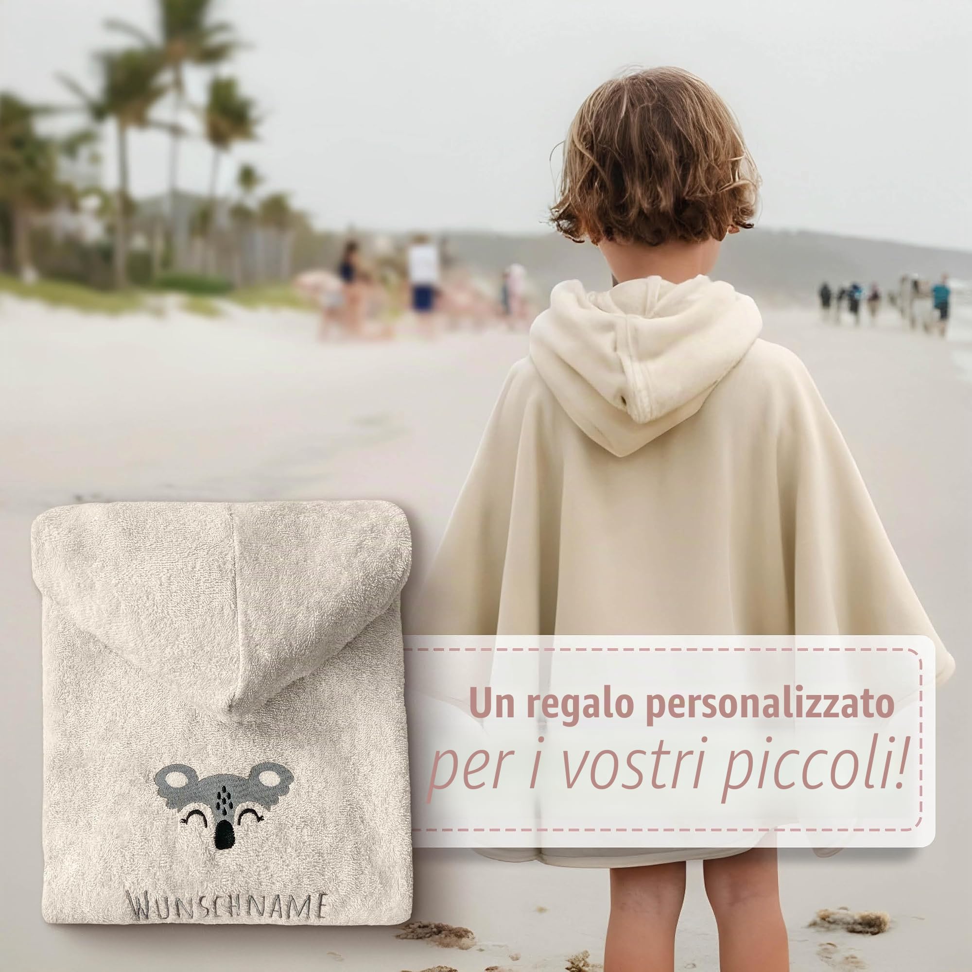 Poncho da bagno per bambini con nome e motivo ricamato, Oeko-TEX® Standard 100 - Asciugamano con cappuccio personalizzato per neonati in pura cotone per un asciugatura delicata (Natura)