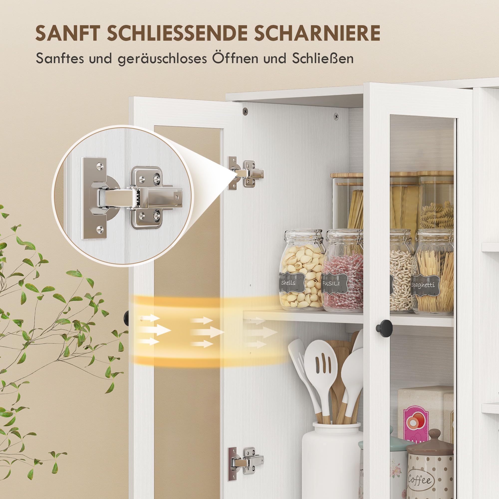 HOMCOM Küchenschrank mit 4 Soft-Close-Glastüren 90 x 35 x 172 cm Weiß | Buffetschrank, 6 Offenen Fächern, Moderner Hochschrank mit Verstellbaren Einlegeböden, Vorratsschrank